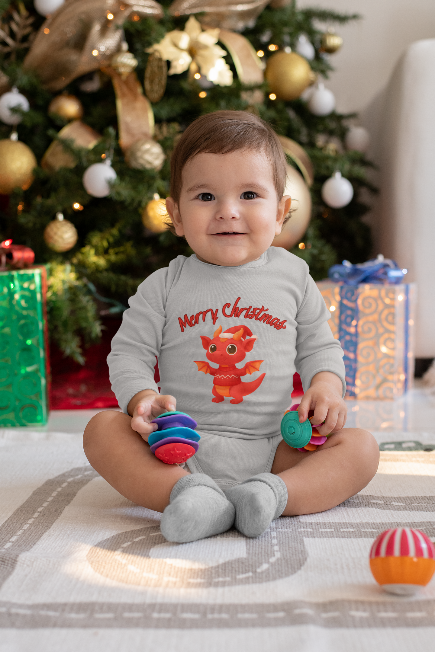 Red Baby Dragon Merry Christmas Infant Bodysuit | Holiday Cute Dino product thumbnail image Red Baby Dragon Merry Christmas Infant Bodysuit | Holiday Cute Dino product thumbnail image