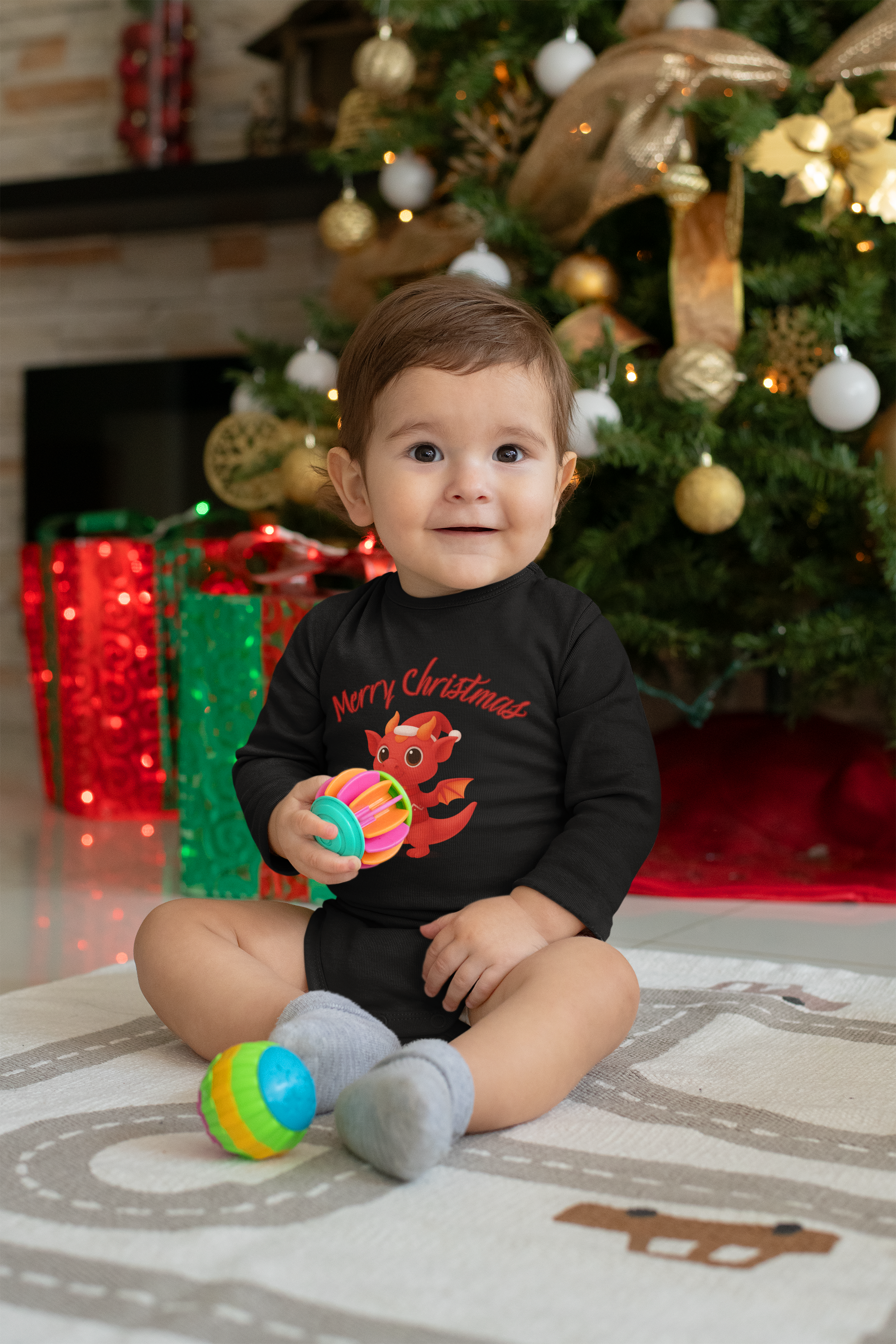 Red Baby Dragon Merry Christmas Infant Bodysuit | Holiday Cute Dino product thumbnail image Red Baby Dragon Merry Christmas Infant Bodysuit | Holiday Cute Dino product thumbnail image