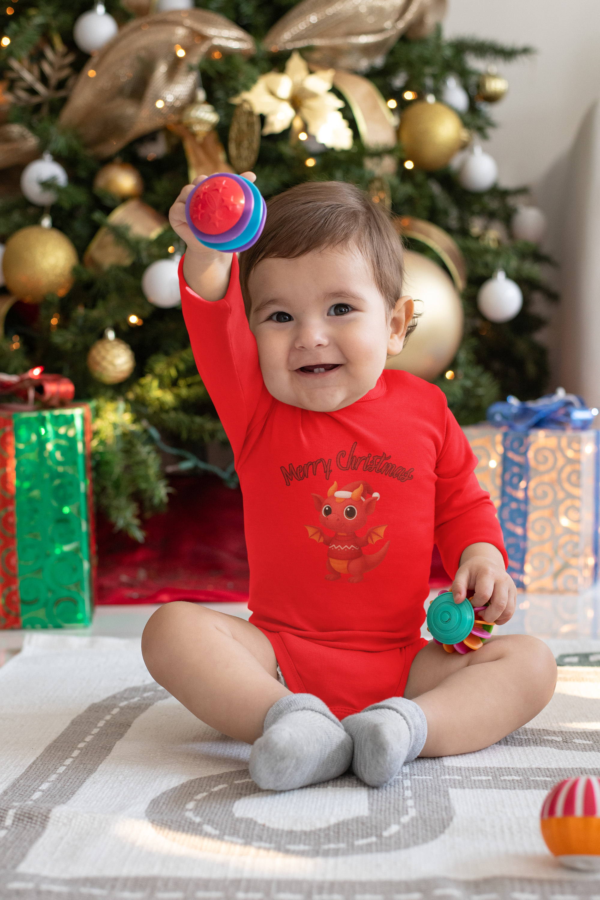 Red Baby Dragon Merry Christmas Infant Bodysuit | Holiday Cute Dino product thumbnail image Red Baby Dragon Merry Christmas Infant Bodysuit | Holiday Cute Dino product thumbnail image