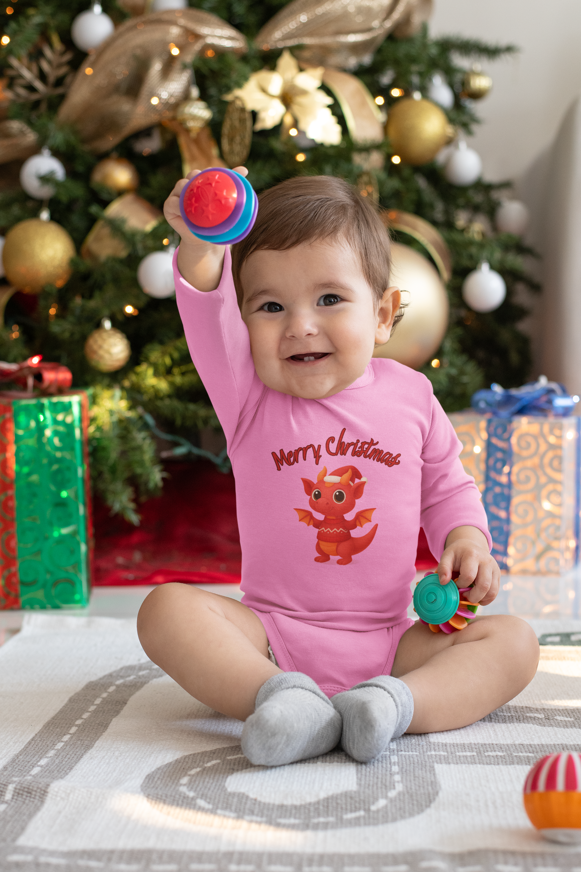 Red Baby Dragon Merry Christmas Infant Bodysuit | Holiday Cute Dino product thumbnail image Red Baby Dragon Merry Christmas Infant Bodysuit | Holiday Cute Dino product thumbnail image