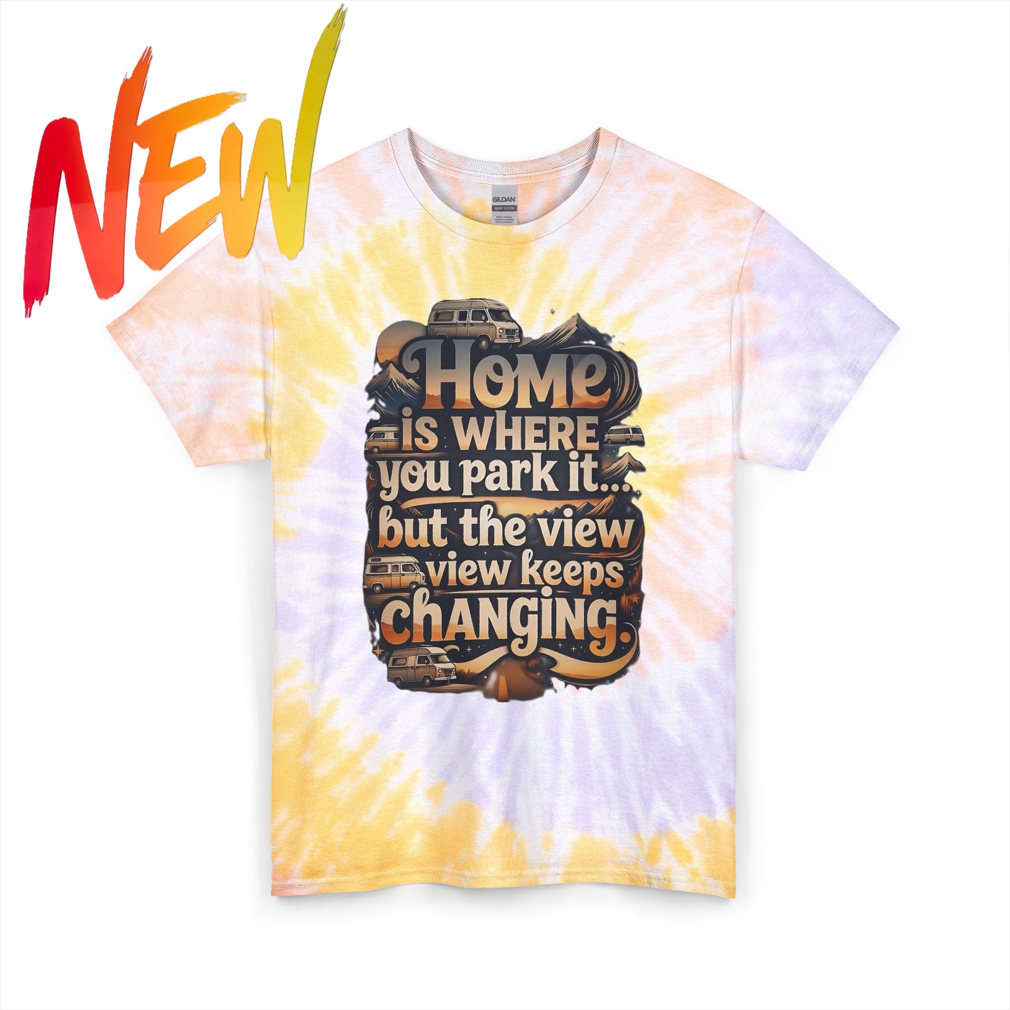"NEW"Tie-Dye RV T‑Shirt — “"Home Is Where You Park It -But The View keep Changing"” (Front + Back Printed) Camper Travel Tee product thumbnail image