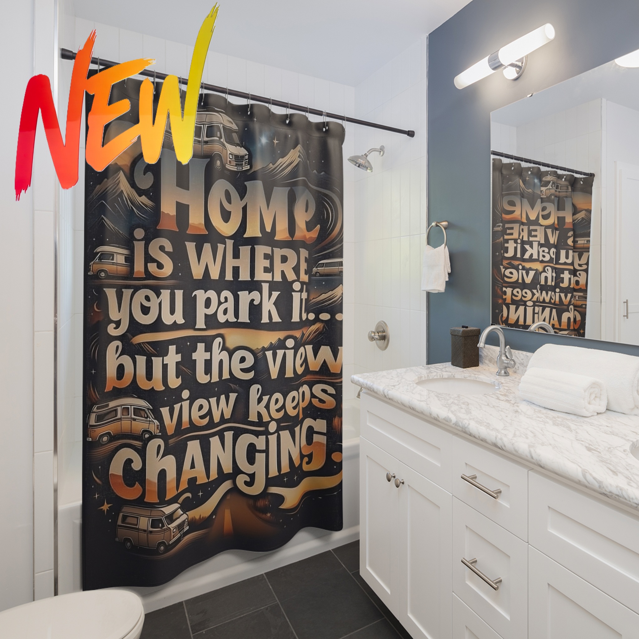 "NEW"Vintage Cabin Seal Shower Curtain – "Home Is Where You Park It -But The View keep Changing" Rustic Mountain Lodge Bathroom Decor "NEW"Vintage Cabin Seal Shower Curtain – "Home Is Where You Park It -But The View keep Changing" Rustic Mountain Lodge Bathroom Decor