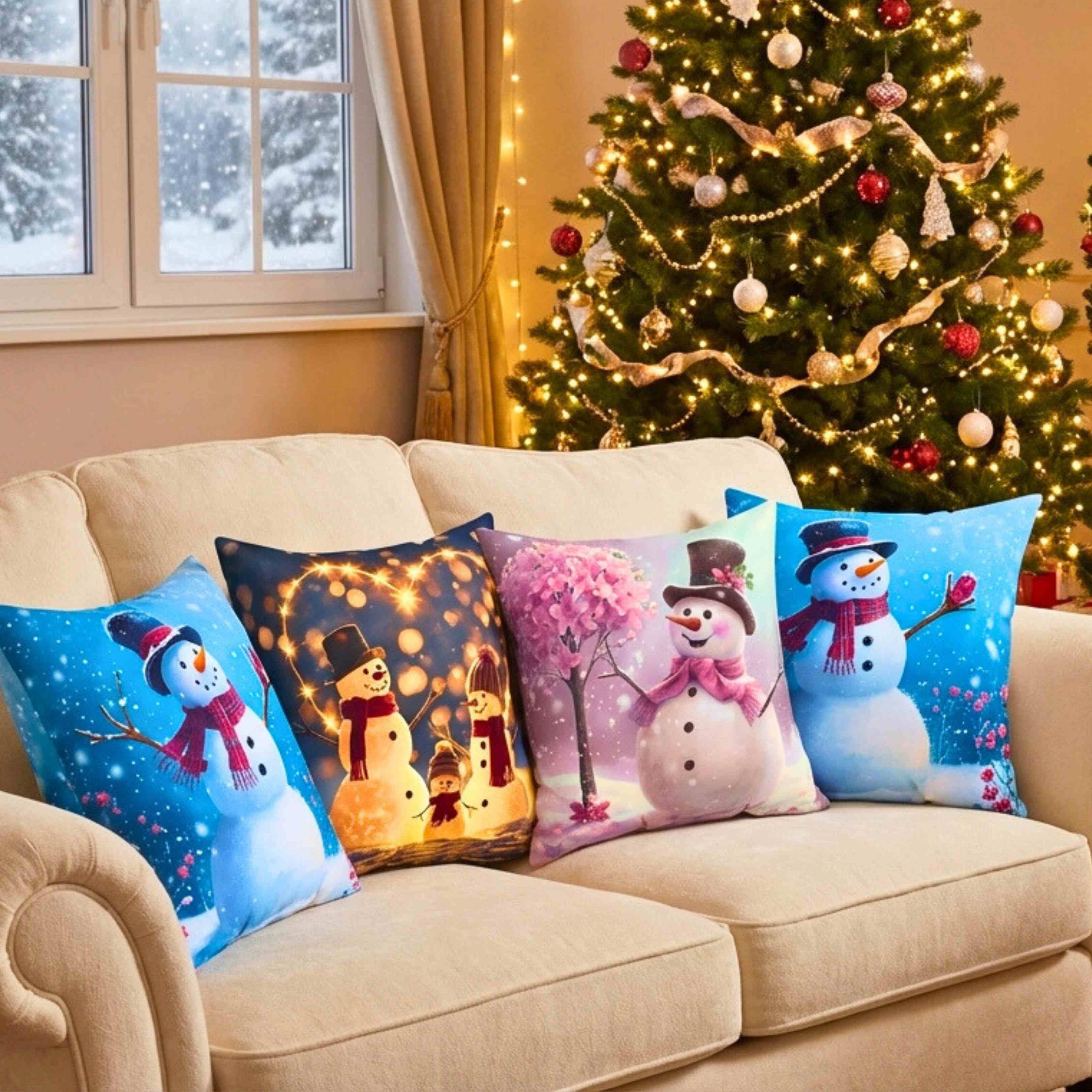 Pink Flower Tree Snowman Pillow – Rosy-Cheeked Snowman Beside Pink Flower Tree – Cozy Snowglobe Holiday Decorative Cushion with Insert, Gift for Friends and Family product thumbnail image