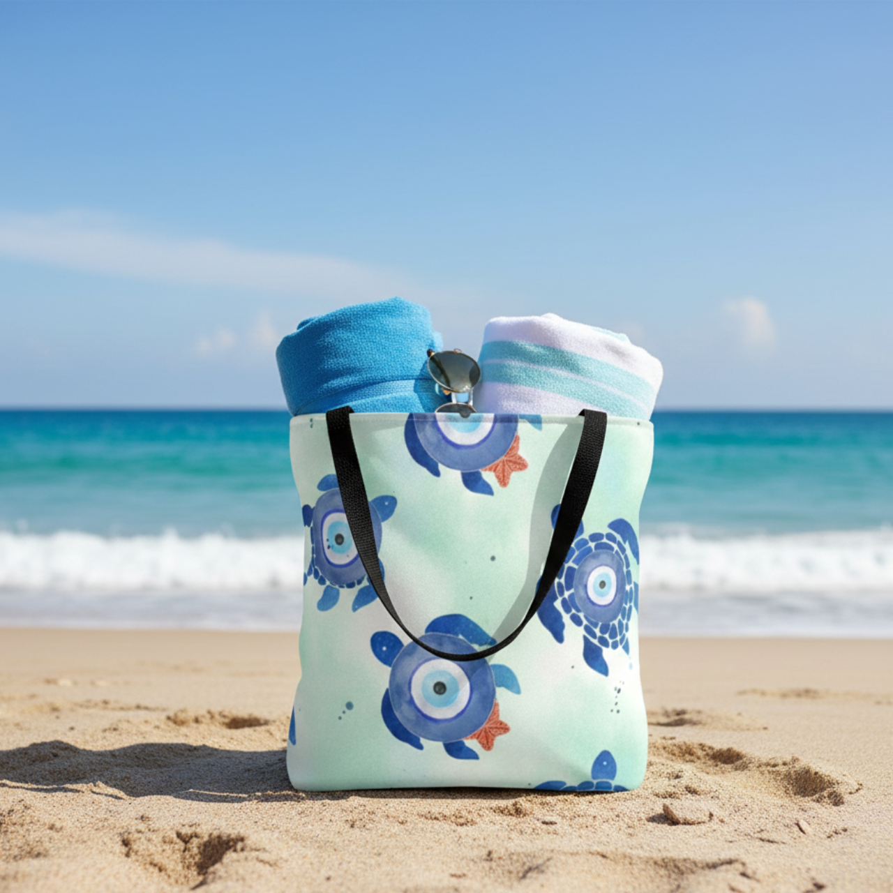 Sea Turtle Evil Eye Tote Bag | Beach Tote | Coastal Protection Bag | Ocean Lover Gift | Summer Beach Bag | Reusable Fabric Tote product thumbnail image Sea Turtle Evil Eye Tote Bag | Beach Tote | Coastal Protection Bag | Ocean Lover Gift | Summer Beach Bag | Reusable Fabric Tote product thumbnail image