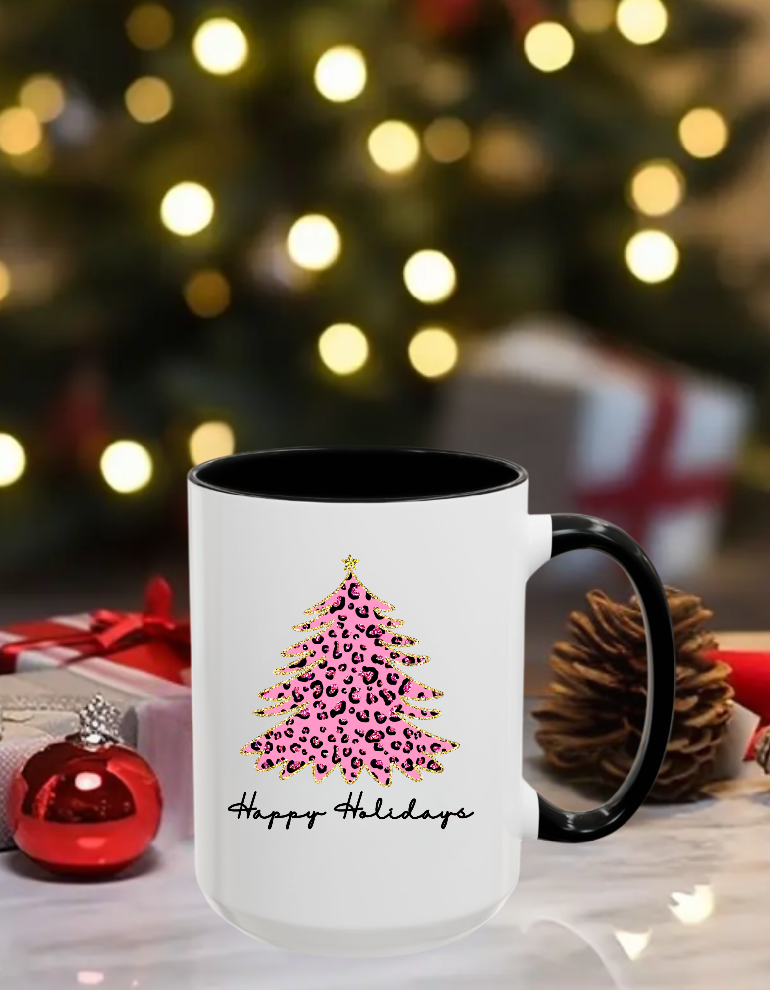 Happy Holidays Pink Leopard Christmas Tree Coffee 15oz Mug