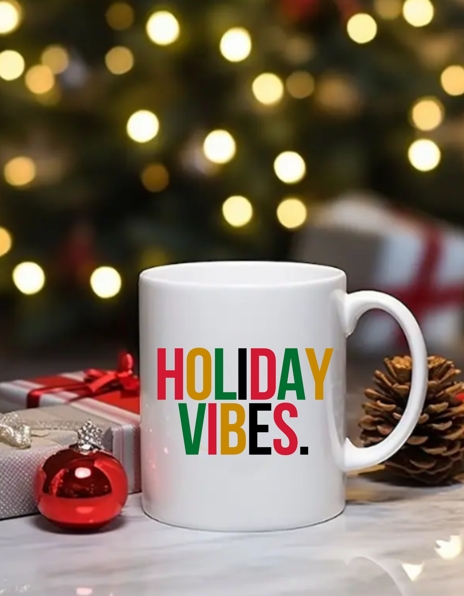 Holiday Vibes White Ceramic mug- 11oz Christmas Coffee Cup