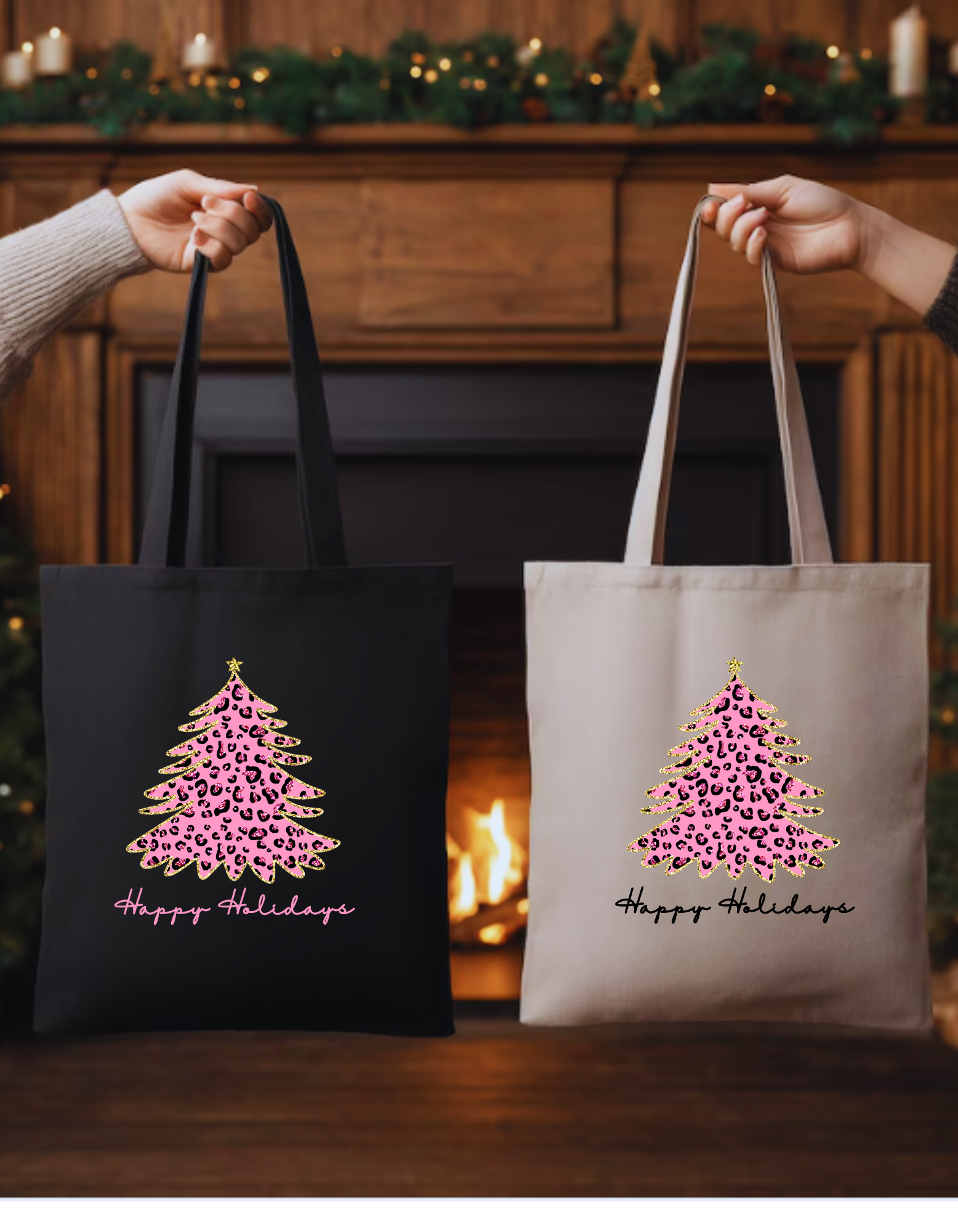 Canvas Tote — Pink Leopard Christmas Tree “Happy Holidays” Holiday Shopper product thumbnail image Canvas Tote — Pink Leopard Christmas Tree “Happy Holidays” Holiday Shopper product thumbnail image