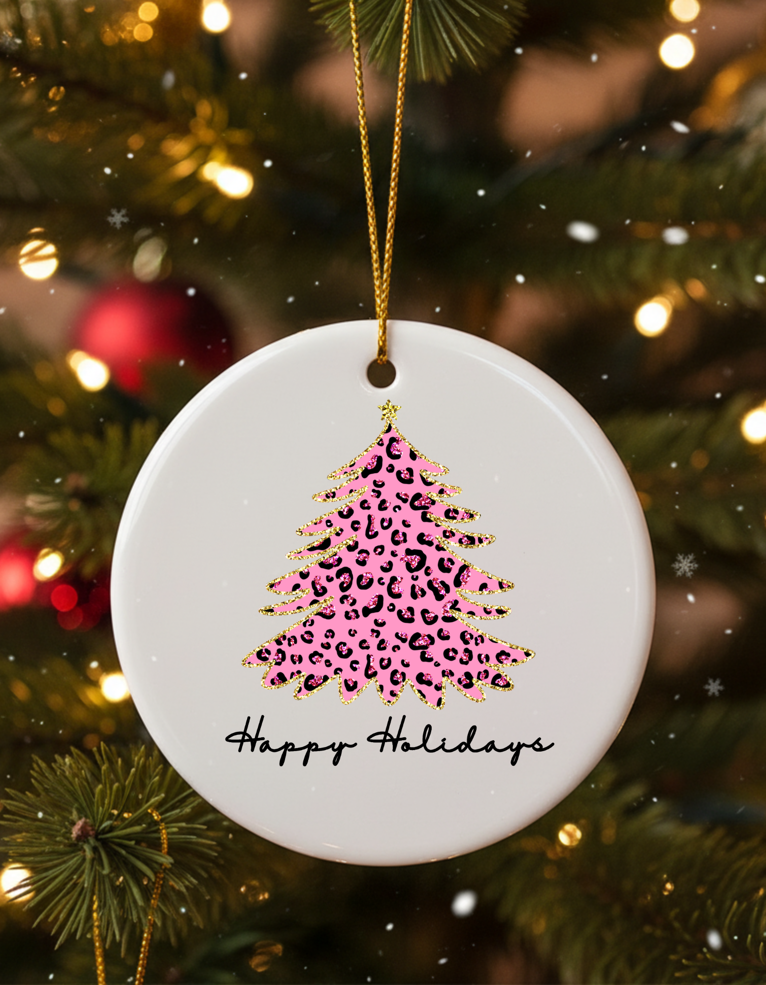 Happy Holidays Pink Leopard Ceramic Ornament — Holiday Decoration