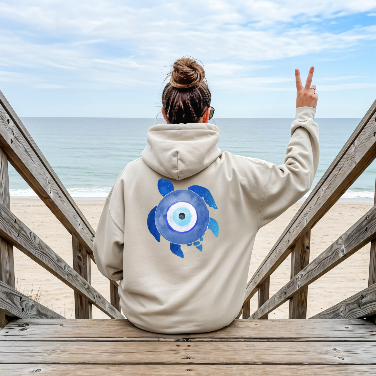 Sea Turtle Evil Eye Sweatshirt | Beachy Protection Hoodie | Coastal Aesthetic Pullover | Ocean Vibes Crewneck | Boho Beach Top