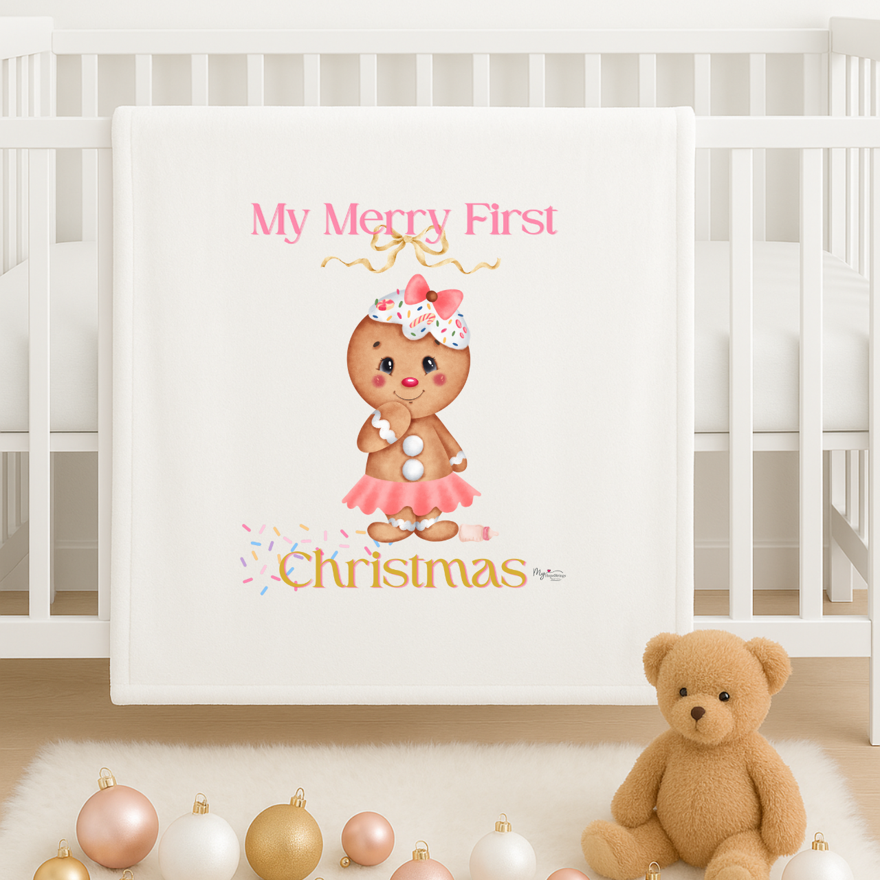 Personalized 'Welcome New Baby Girl' Velveteen Plush Blanket — Gingerbread Baby Design for First Christmas