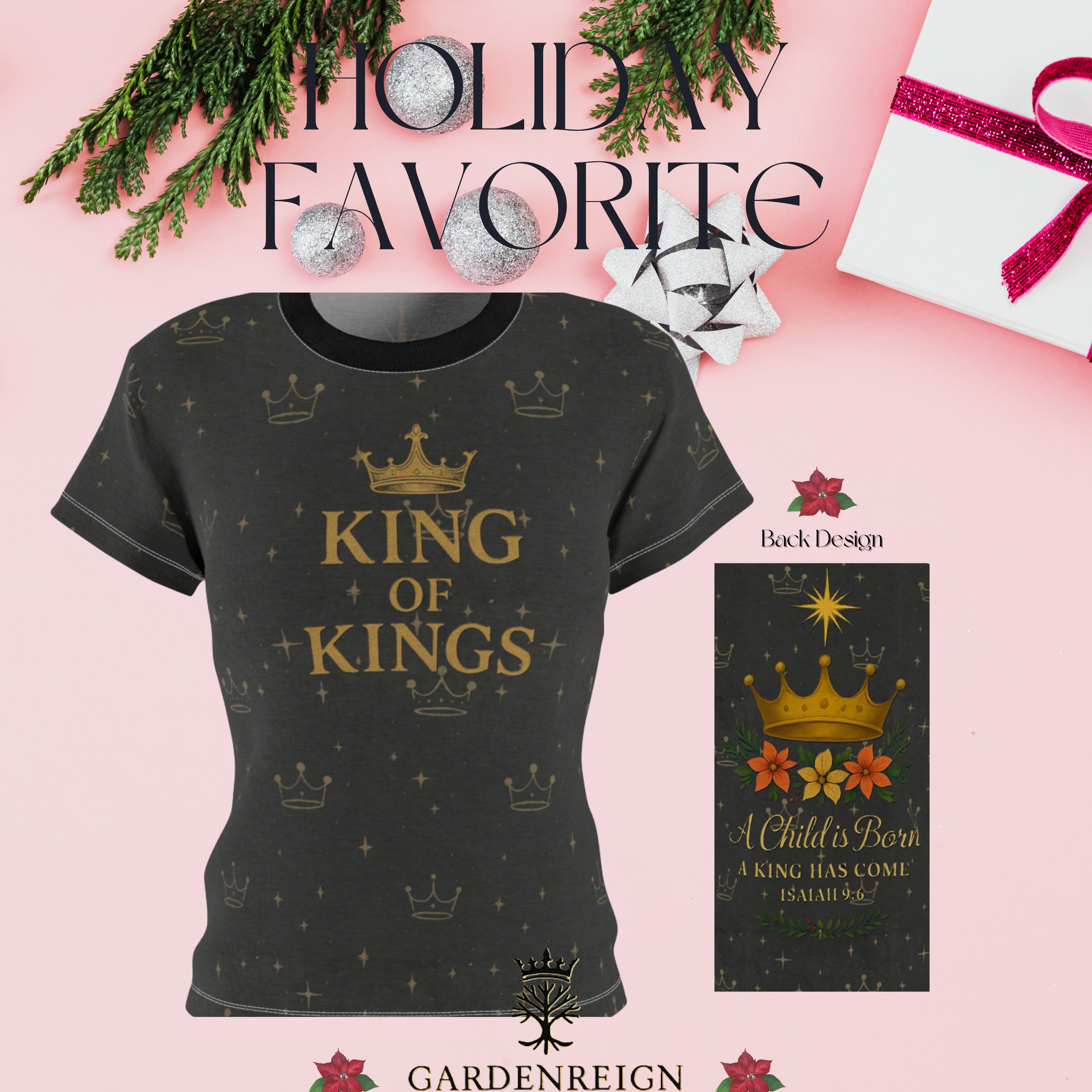 King of Kings Christmas Shirt • Women’s AOP Christian Tee • Vintage Storybook Nativity Shirt • Jesus Is King Holiday Shirt • Faith Gift for Her