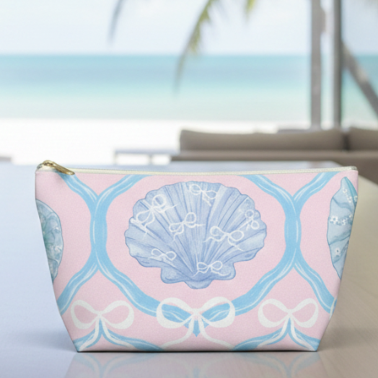 Coastal Shell Makeup Bag, Coquette Bow Pouch, Pastel Pink Beach Cosmetic Bag, Seashell Toile Zipper Bag, Ocean Lover Gift