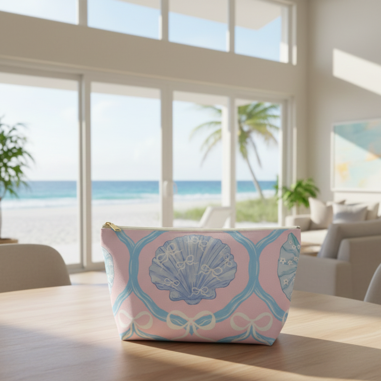 Coastal Shell Makeup Bag, Coquette Bow Pouch, Pastel Pink Beach Cosmetic Bag, Seashell Toile Zipper Bag, Ocean Lover Gift product thumbnail image