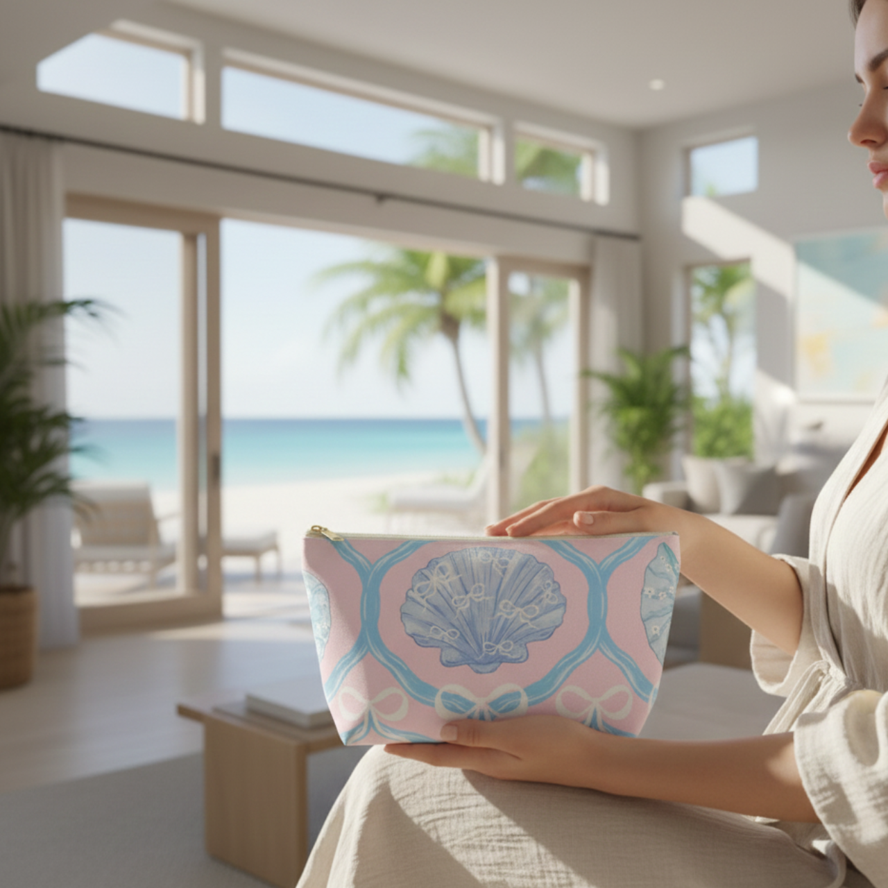 Coastal Shell Makeup Bag, Coquette Bow Pouch, Pastel Pink Beach Cosmetic Bag, Seashell Toile Zipper Bag, Ocean Lover Gift product thumbnail image Coastal Shell Makeup Bag, Coquette Bow Pouch, Pastel Pink Beach Cosmetic Bag, Seashell Toile Zipper Bag, Ocean Lover Gift product thumbnail image