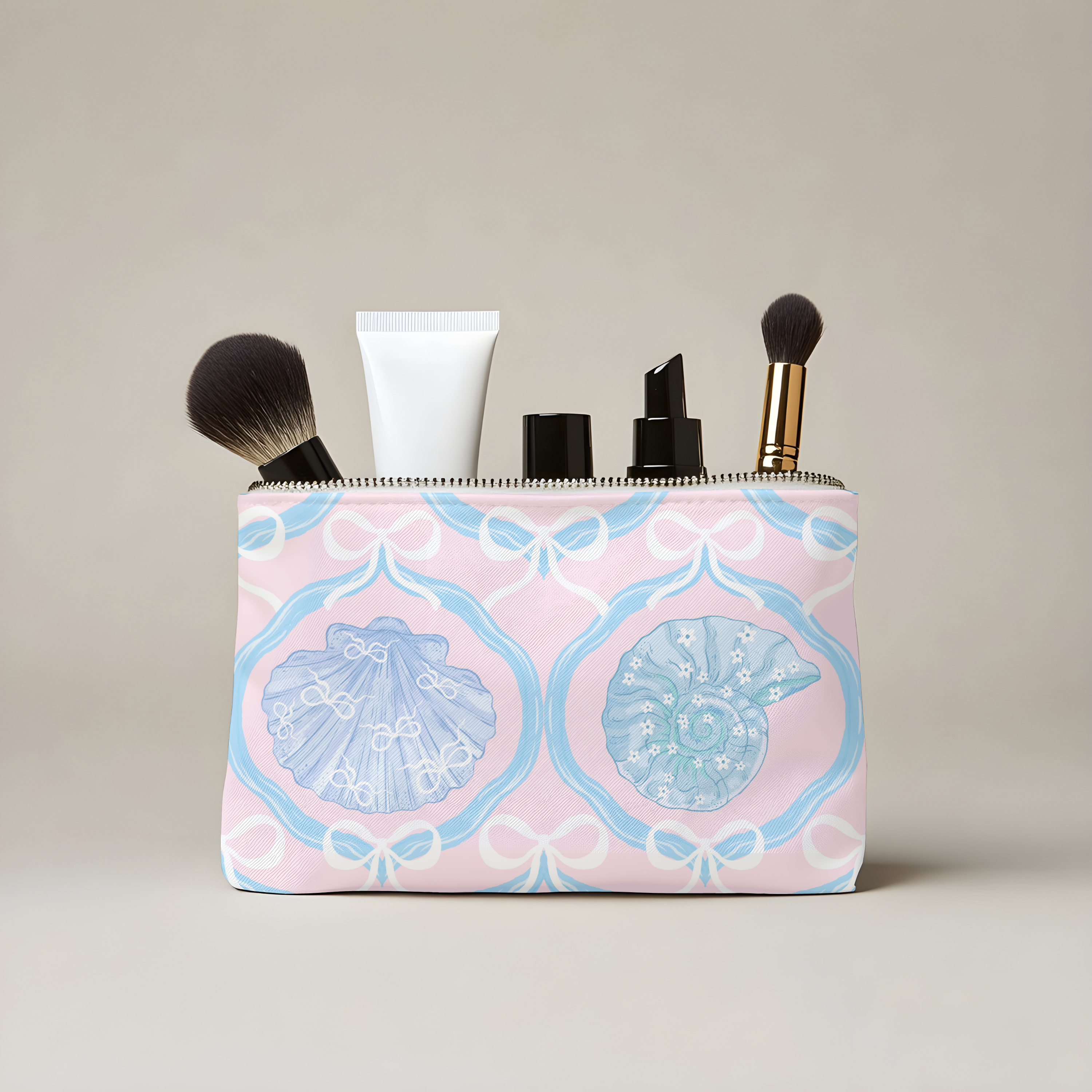 Coastal Shell Makeup Bag, Coquette Bow Pouch, Pastel Pink Beach Cosmetic Bag, Seashell Toile Zipper Bag, Ocean Lover Gift product thumbnail image