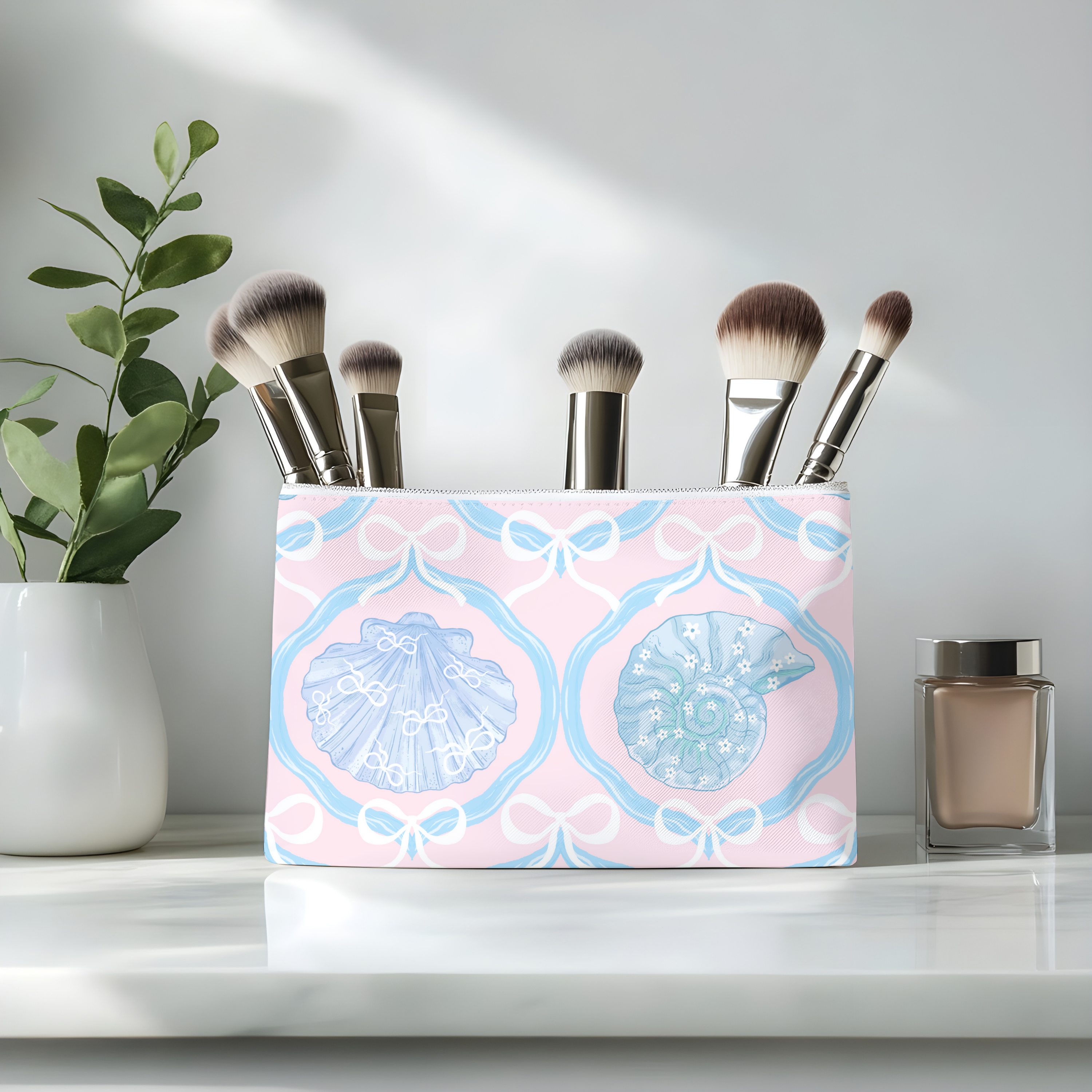 Coastal Shell Makeup Bag, Coquette Bow Pouch, Pastel Pink Beach Cosmetic Bag, Seashell Toile Zipper Bag, Ocean Lover Gift product thumbnail image