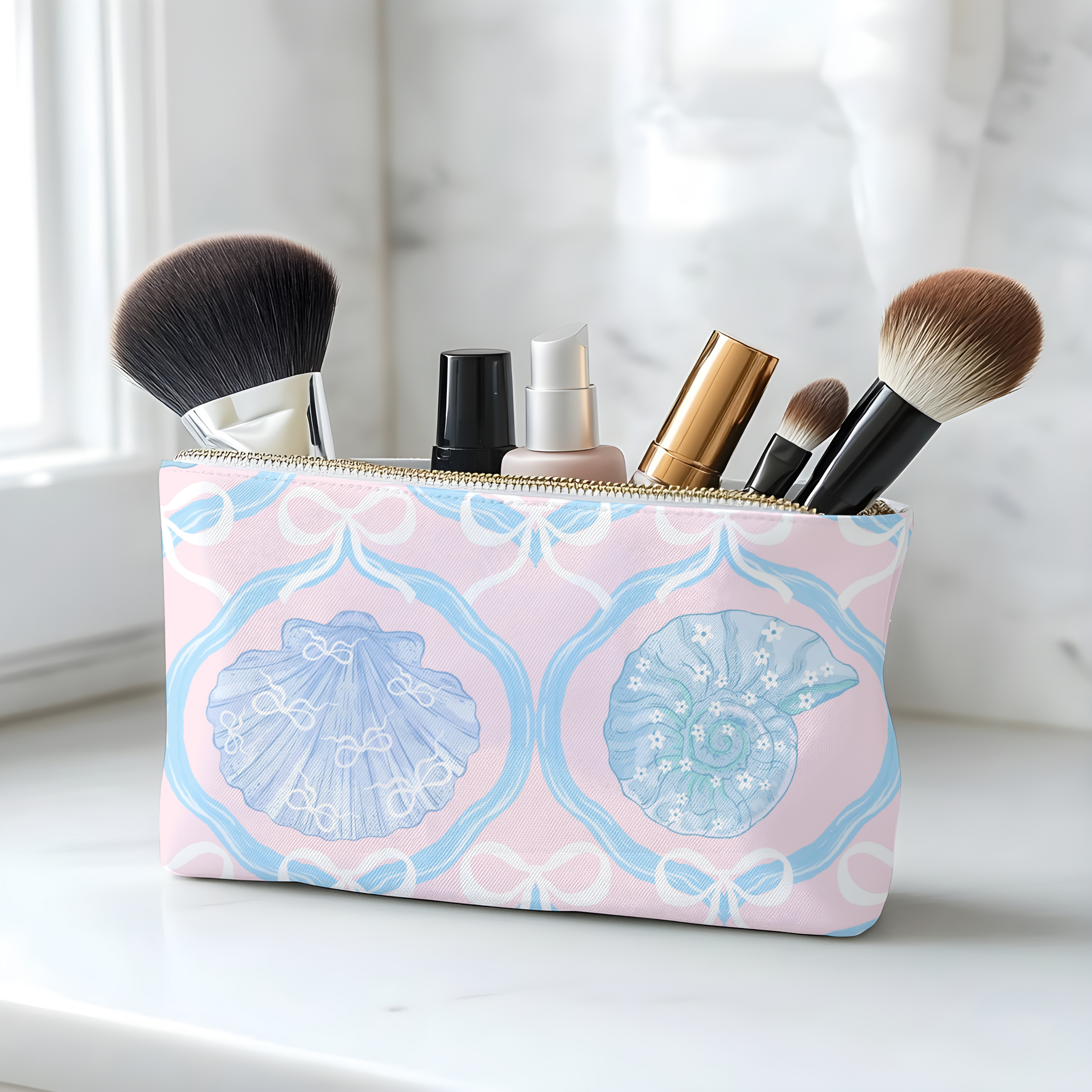 Coastal Shell Makeup Bag, Coquette Bow Pouch, Pastel Pink Beach Cosmetic Bag, Seashell Toile Zipper Bag, Ocean Lover Gift product thumbnail image