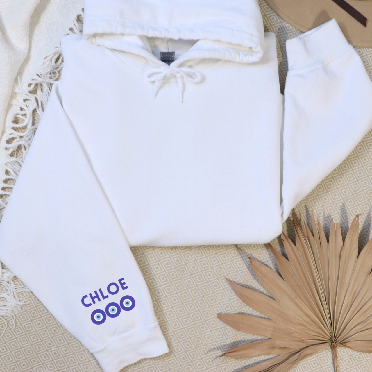 Personalized Cherry Evil Eye Hoodie I Custom Name Sleeve Sweatshirt, Beachy Protection Graphic Sweatshirt, Unisex Coastal Hoodie product thumbnail image