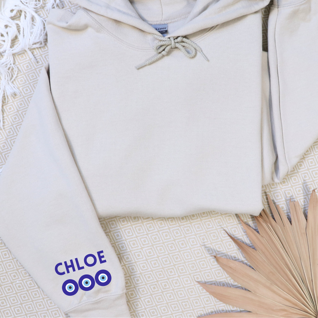 Personalized Cherry Evil Eye Hoodie I Custom Name Sleeve Sweatshirt, Beachy Protection Graphic Sweatshirt, Unisex Coastal Hoodie product thumbnail image