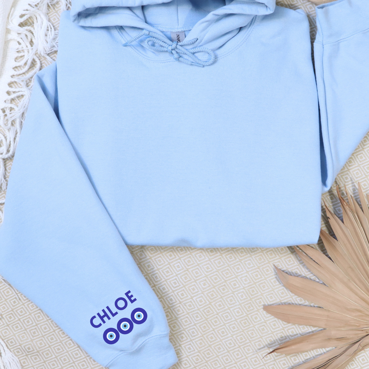 Personalized Cherry Evil Eye Hoodie I Custom Name Sleeve Sweatshirt, Beachy Protection Graphic Sweatshirt, Unisex Coastal Hoodie product thumbnail image