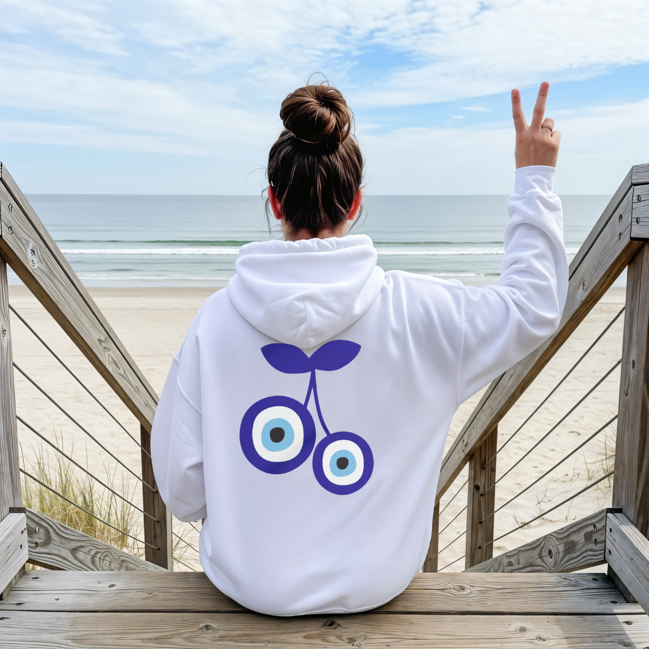 Personalized Cherry Evil Eye Hoodie I Custom Name Sleeve Sweatshirt, Beachy Protection Graphic Sweatshirt, Unisex Coastal Hoodie product thumbnail image