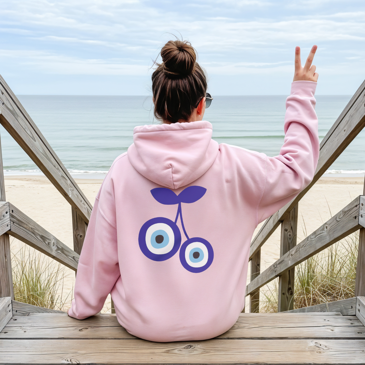 Personalized Cherry Evil Eye Hoodie I Custom Name Sleeve Sweatshirt, Beachy Protection Graphic Sweatshirt, Unisex Coastal Hoodie product thumbnail image