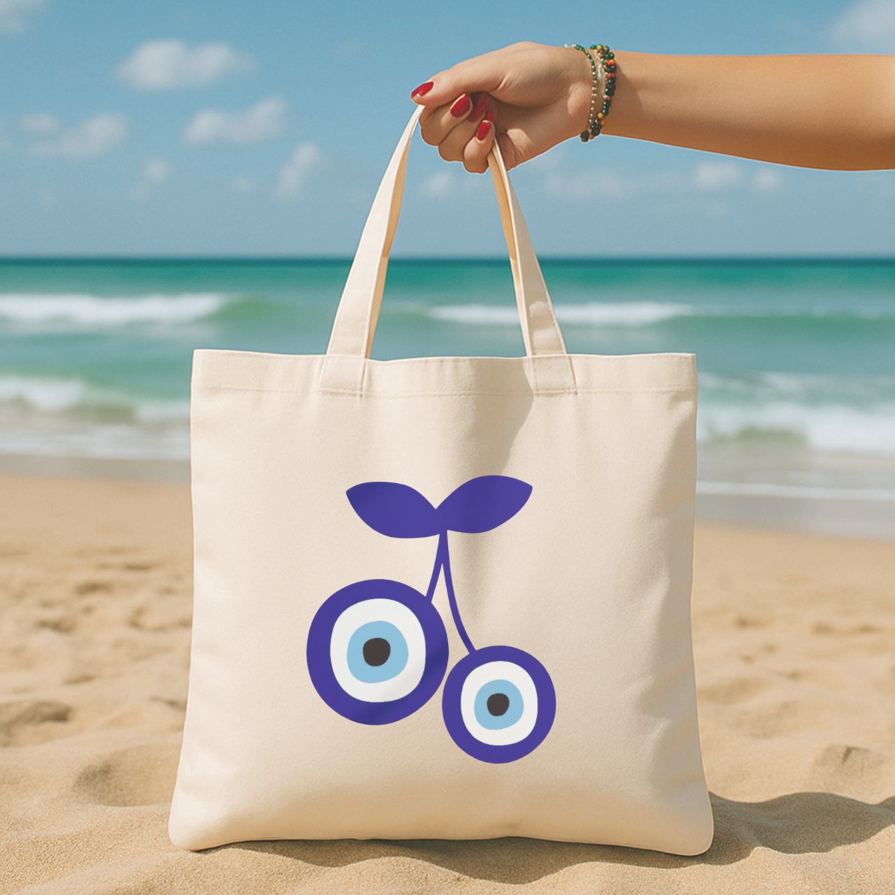 Cherry Evil Eye Tote Bag | Greek Nazar Cherry Canvas Bag | Blue Evil Eye Shopper | Beach Tote | Reusable Grocery Bag | Cute Protection Gift product thumbnail image