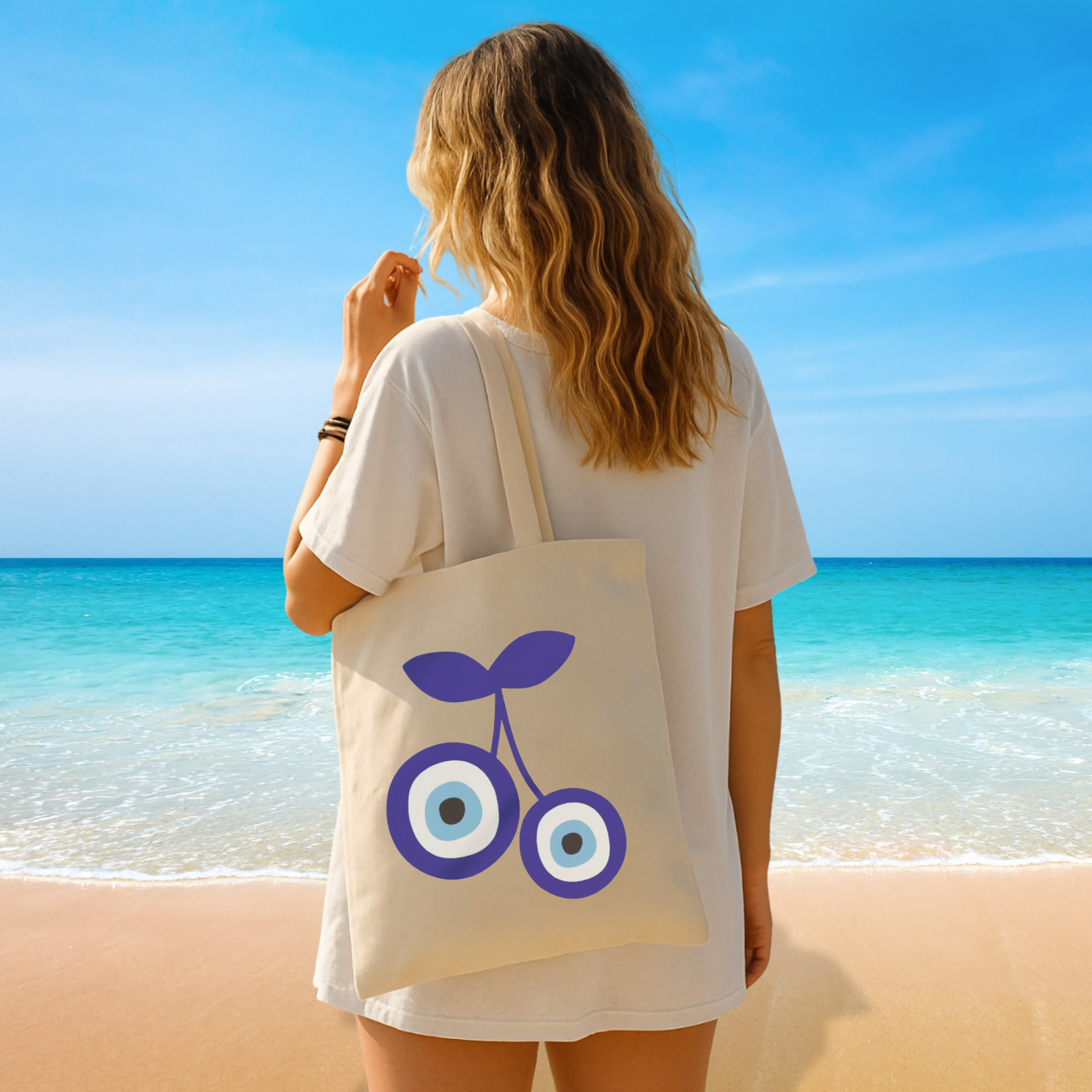 Cherry Evil Eye Tote Bag | Greek Nazar Cherry Canvas Bag | Blue Evil Eye Shopper | Beach Tote | Reusable Grocery Bag | Cute Protection Gift