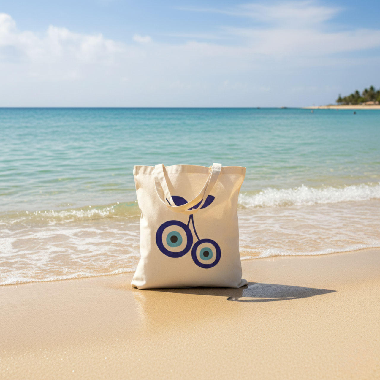 Cherry Evil Eye Tote Bag | Greek Nazar Cherry Canvas Bag | Blue Evil Eye Shopper | Beach Tote | Reusable Grocery Bag | Cute Protection Gift product thumbnail image