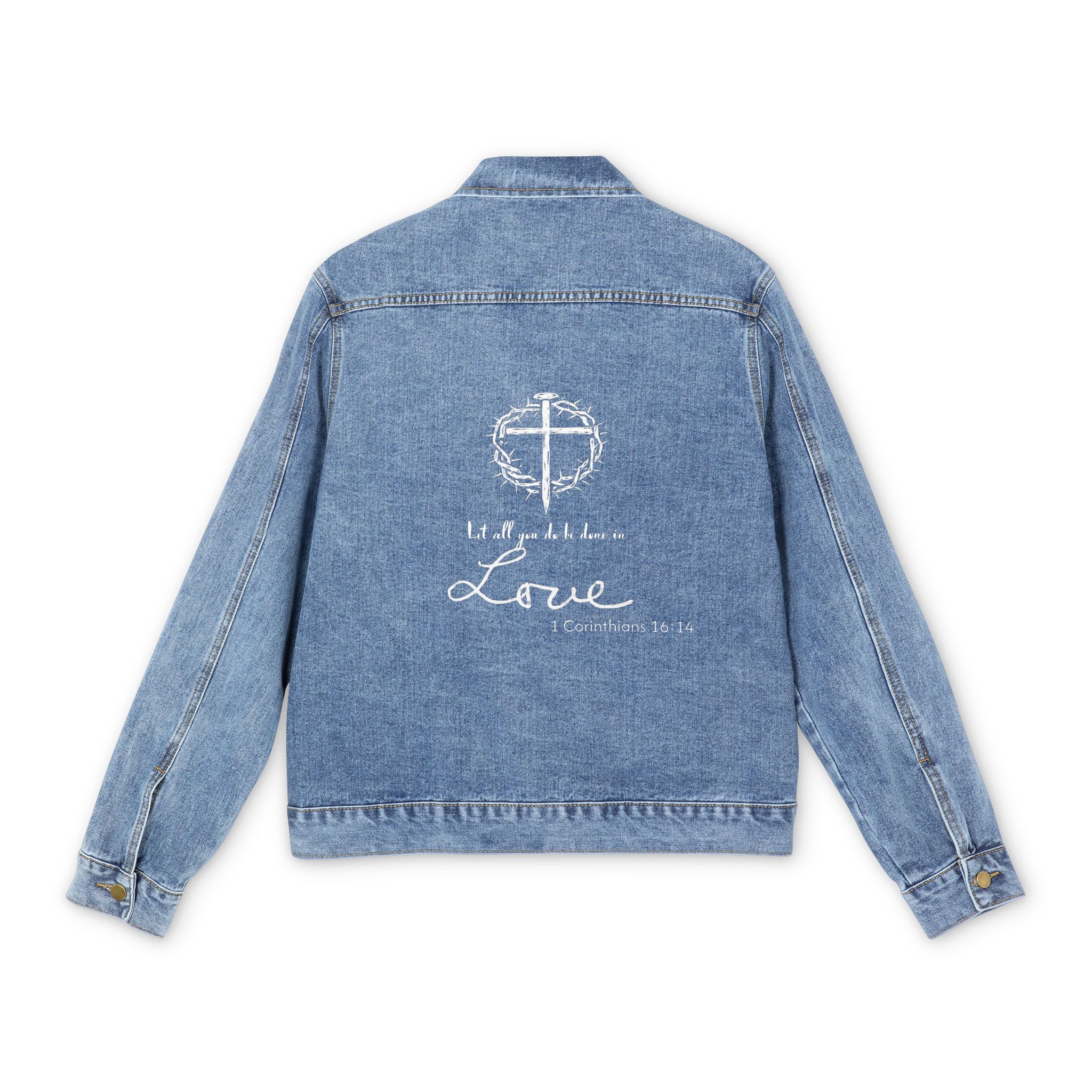 Men's - Let All You Do Be Done in Love 1 Corinthians 16:14 Denim Jacket Men's - Let All You Do Be Done in Love 1 Corinthians 16:14 Denim Jacket