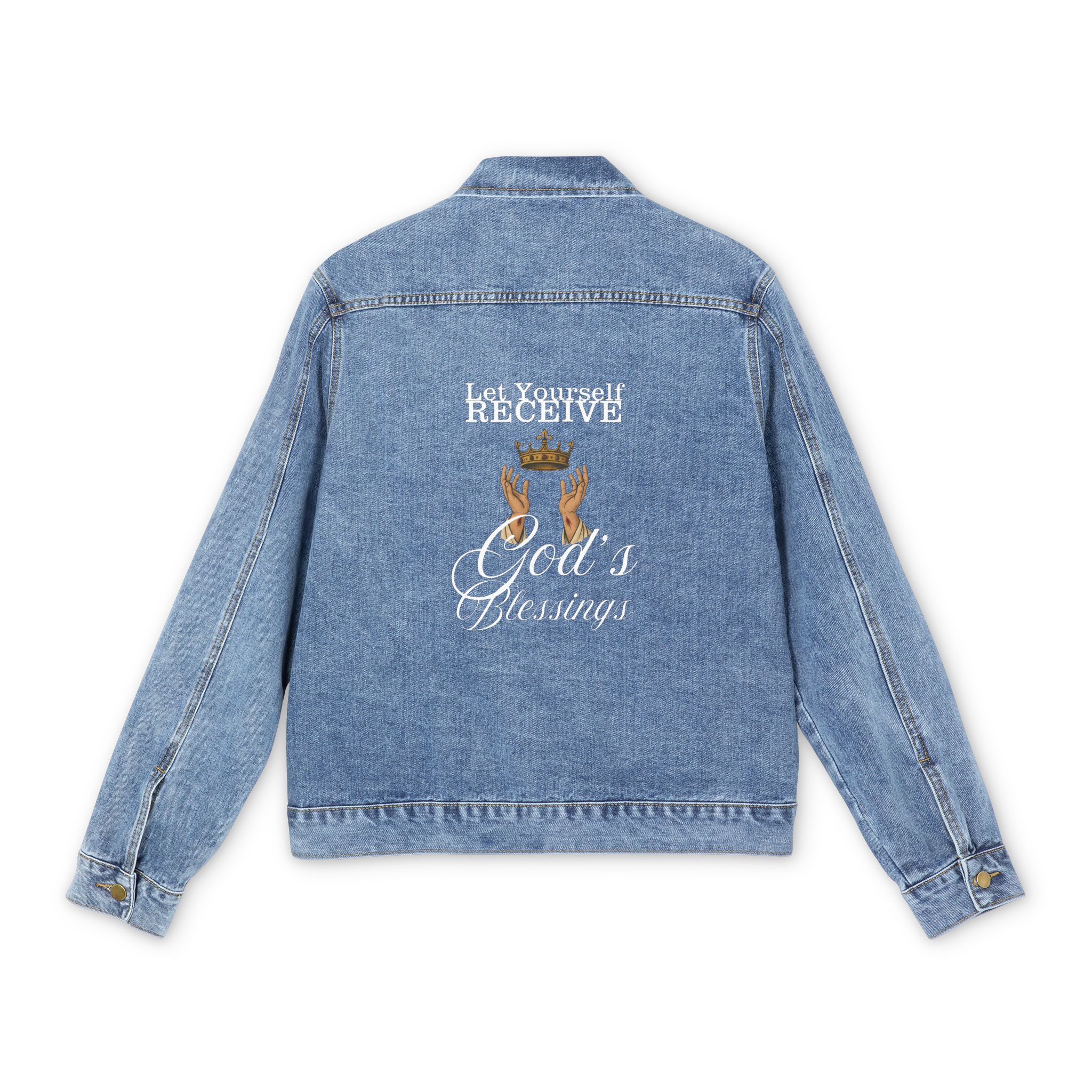 Men's - Let Yourself Receive God's Blessings Crown Denim Jacket product thumbnail image Men's - Let Yourself Receive God's Blessings Crown Denim Jacket product thumbnail image