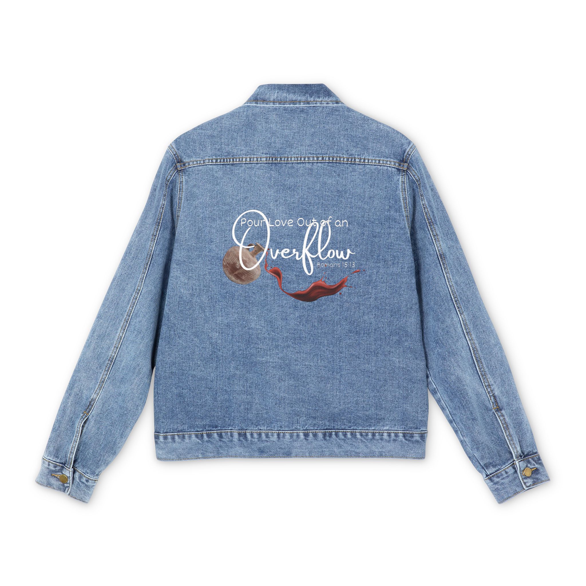 Men's - Pour Love Out of an Overflow Romans 15:13 Denim Jacket Men's - Pour Love Out of an Overflow Romans 15:13 Denim Jacket