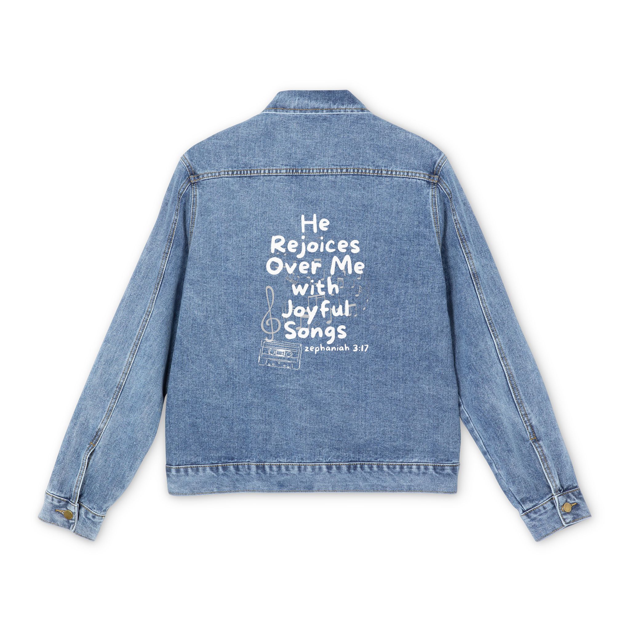 Men's - He Rejoices Over Me with Joyful Songs Zephaniah 3:17 Denim Jacket product thumbnail image Men's - He Rejoices Over Me with Joyful Songs Zephaniah 3:17 Denim Jacket product thumbnail image