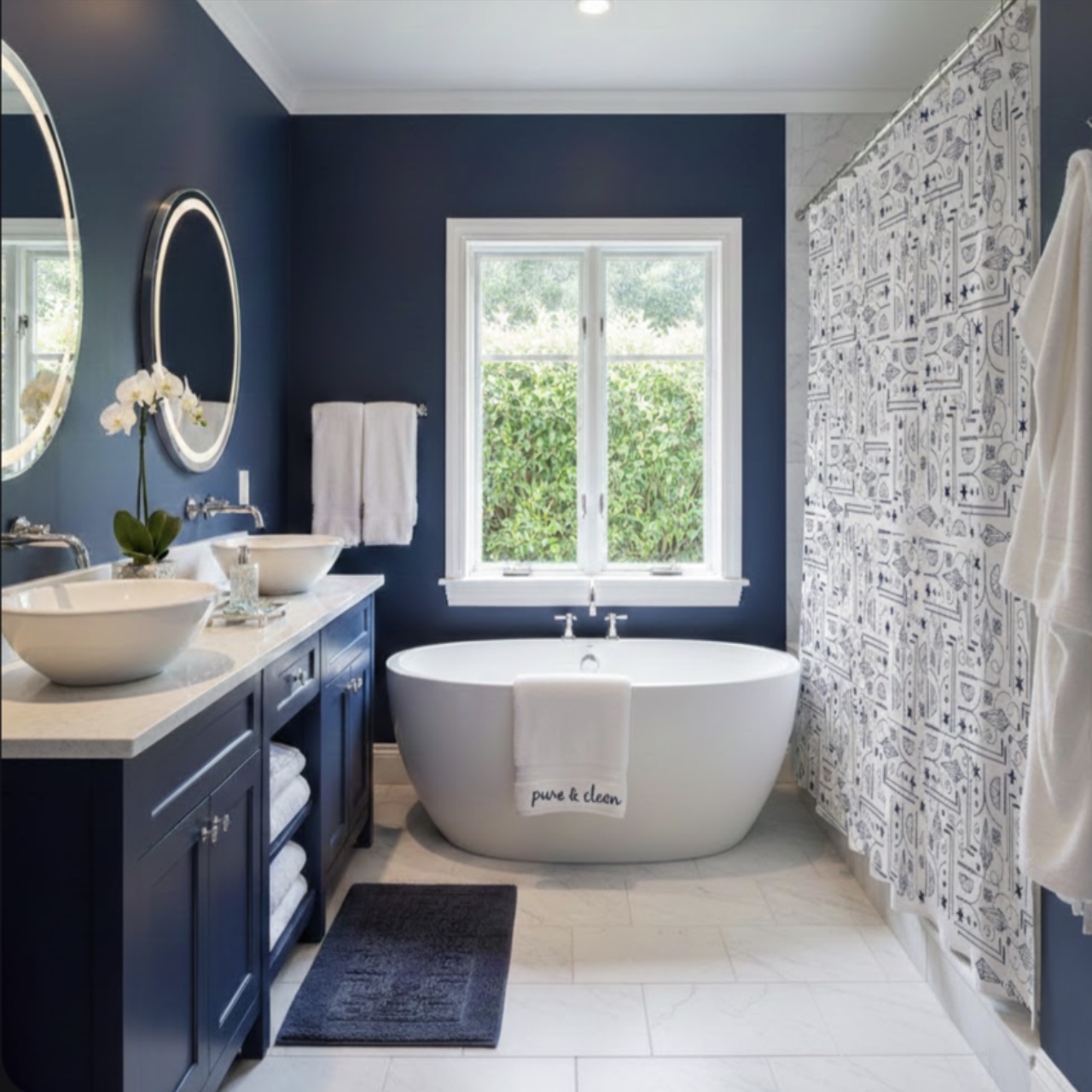 White Shower Curtain with Navy Blue Dowsing Tools product thumbnail image