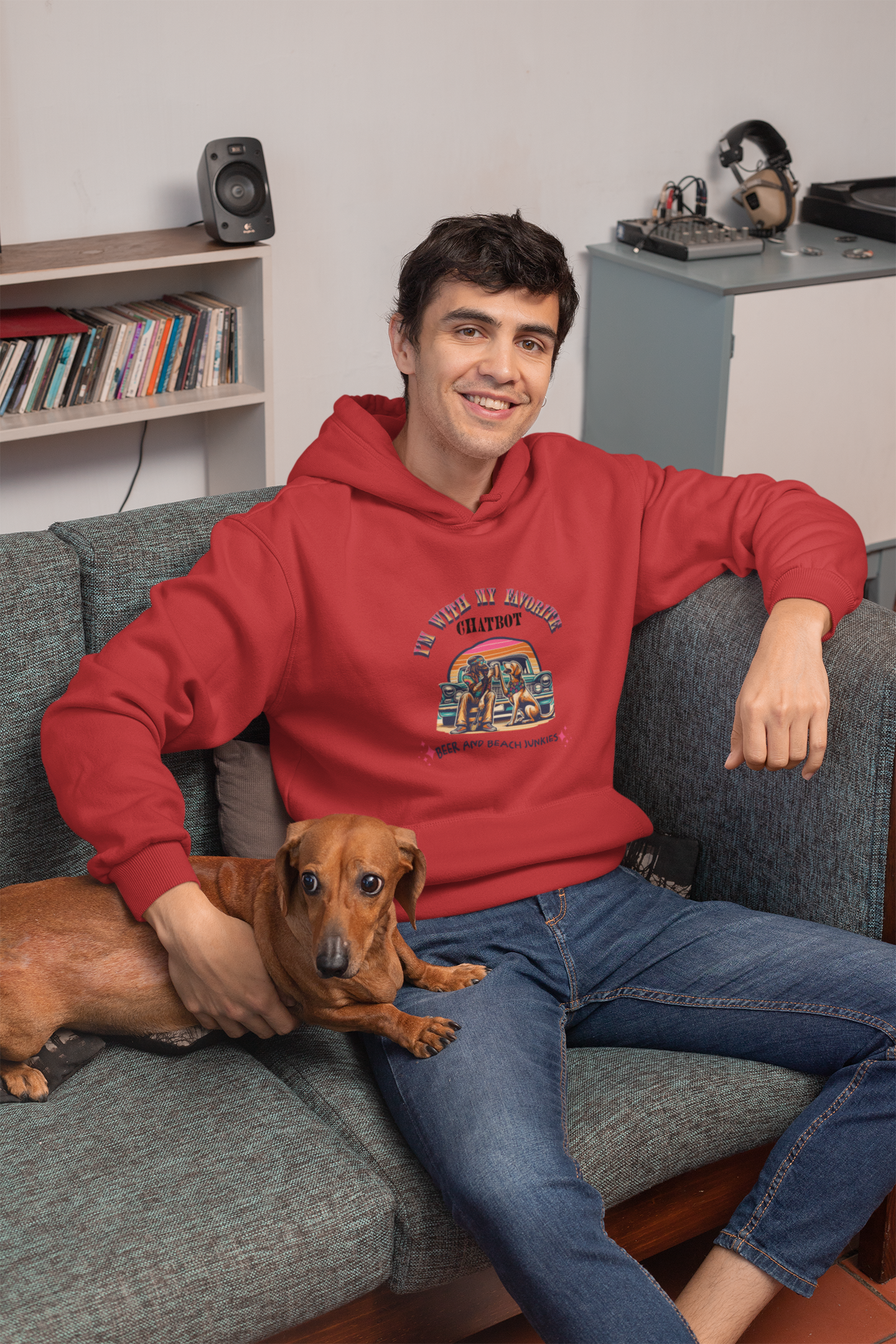 Junkie’ & Dog Chatbot Wishin’ – Human In The Loop Unisex Tee — My Chatbot Helps… But My Dog’s Still Smarter product thumbnail image Junkie’ & Dog Chatbot Wishin’ – Human In The Loop Unisex Tee — My Chatbot Helps… But My Dog’s Still Smarter product thumbnail image