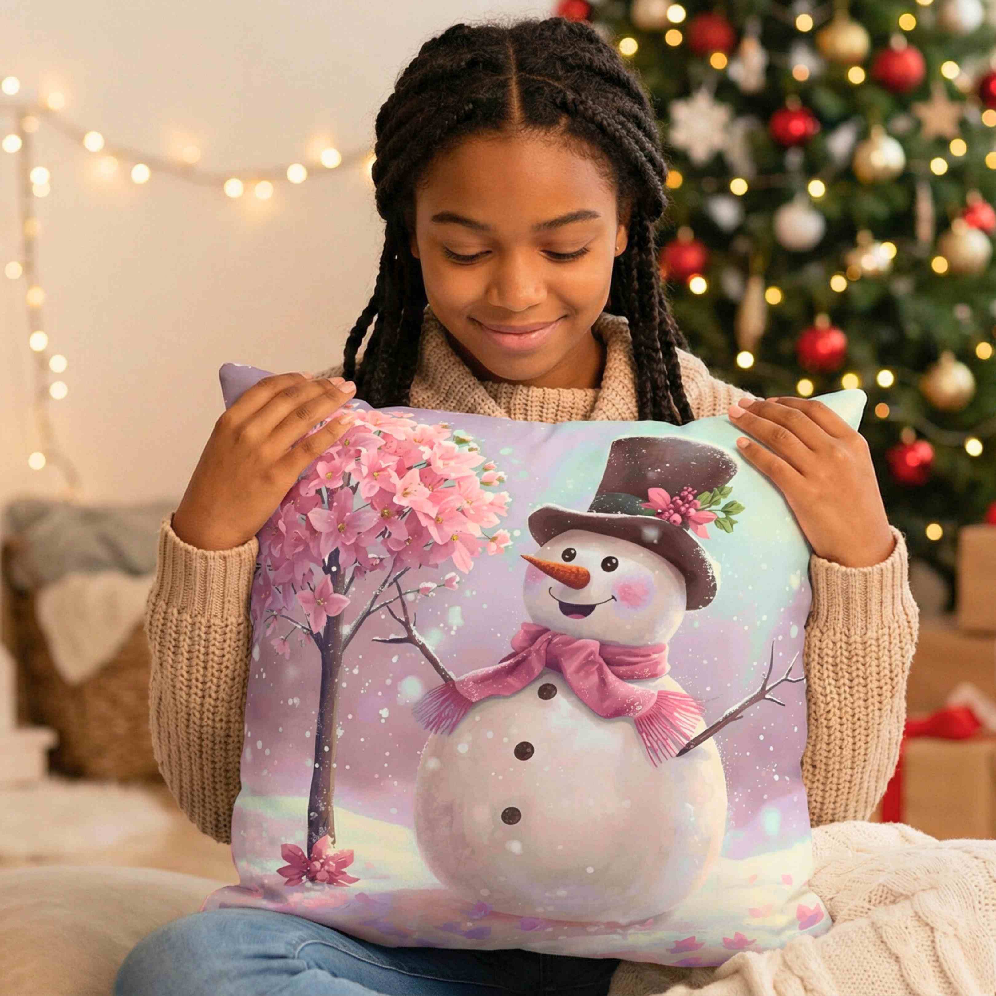 Pink Flower Tree Snowman Pillow – Rosy-Cheeked Snowman Beside Pink Flower Tree – Cozy Snowglobe Holiday Decorative Cushion with Insert, Gift for Friends and Family product thumbnail image