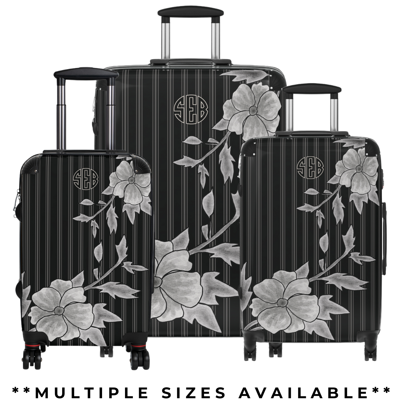 Monogram Suitcase with 360 Degree Swivel and Built-In Lock | Black Floral Pinstripe Collection
