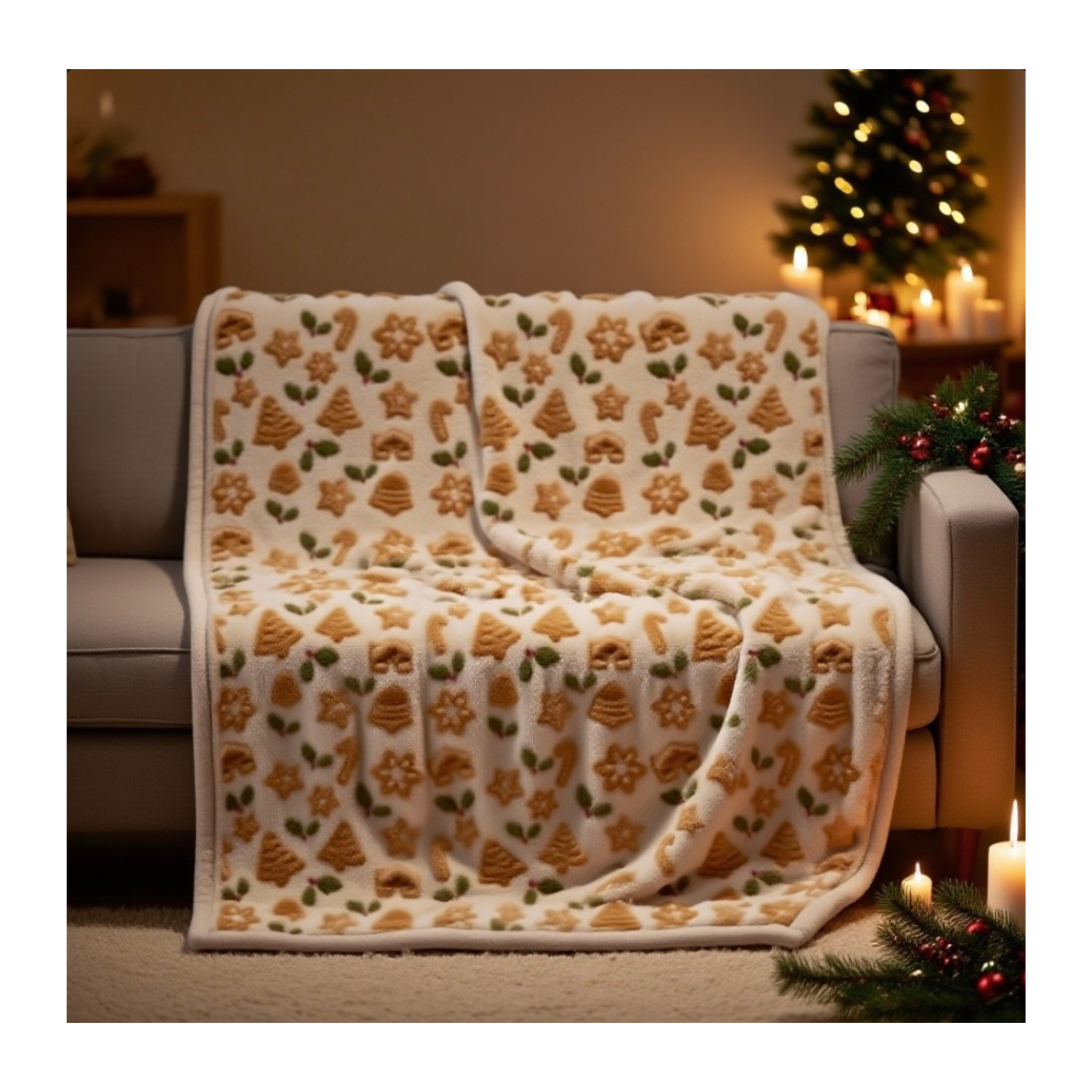 Holiday Gingerbread Pattern Velveteen Plush Blanket — Cozy Christmas Throw for Home &amp; Gifts product thumbnail image