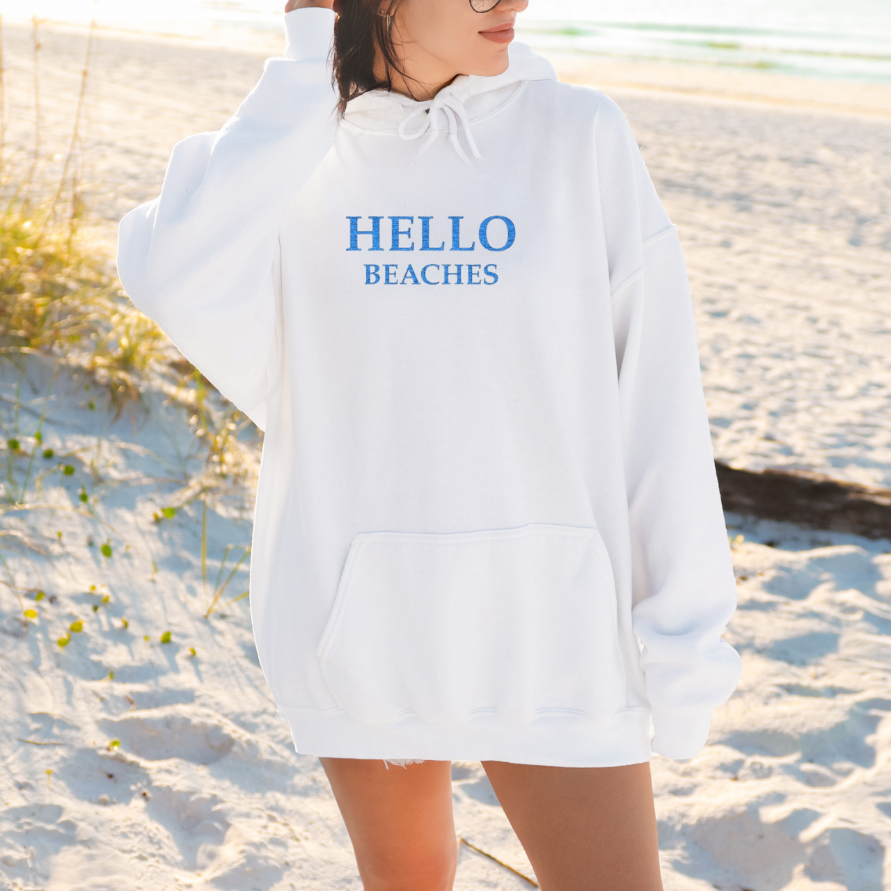 Hello Beaches Embroidered Sweatshirt | Beach Lover Crewneck | Coastal Aesthetic Sweatshirt | Beach Vibes Pullover | Summer Vacation Hoodie