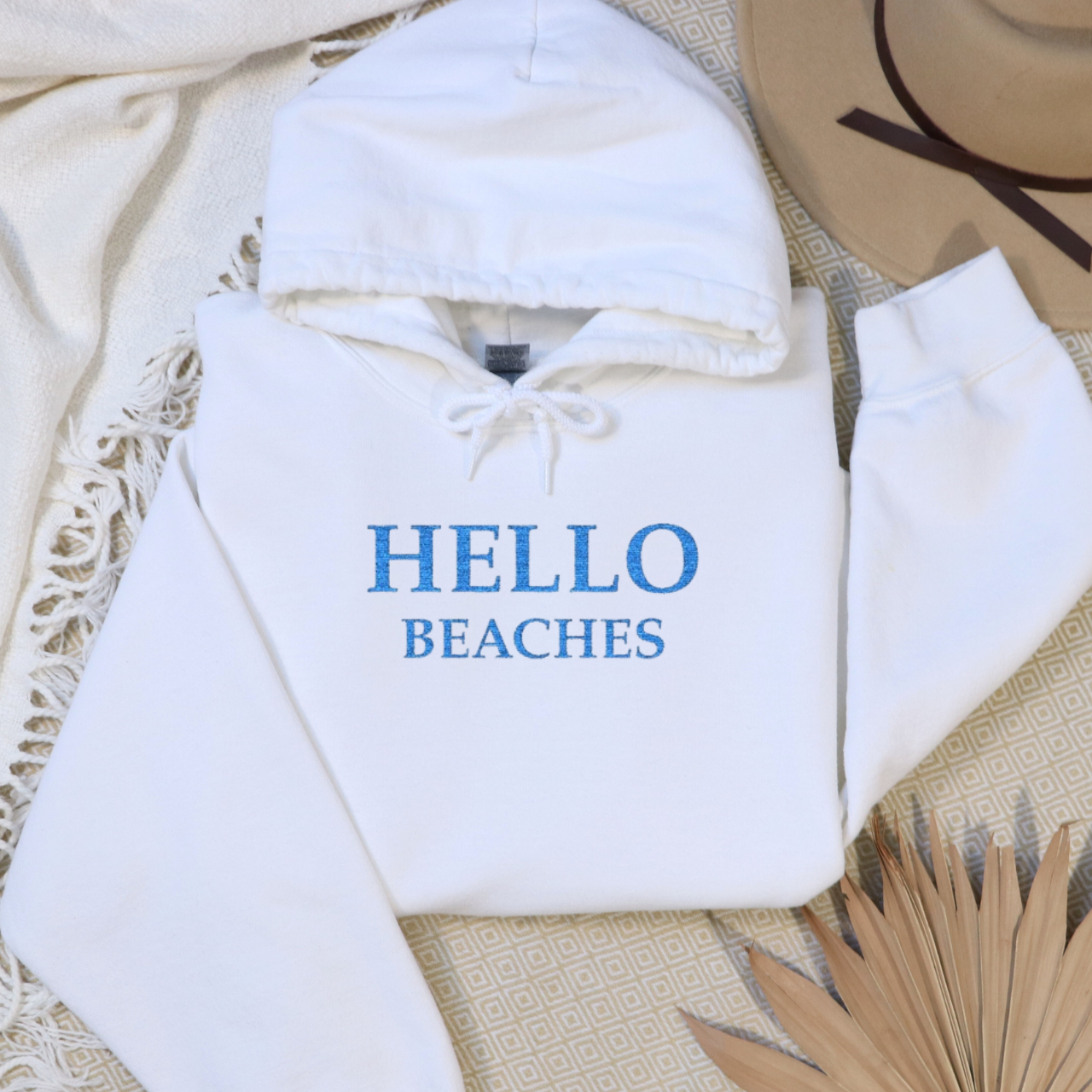 Hello Beaches Embroidered Sweatshirt | Beach Lover Crewneck | Coastal Aesthetic Sweatshirt | Beach Vibes Pullover | Summer Vacation Hoodie product thumbnail image Hello Beaches Embroidered Sweatshirt | Beach Lover Crewneck | Coastal Aesthetic Sweatshirt | Beach Vibes Pullover | Summer Vacation Hoodie product thumbnail image