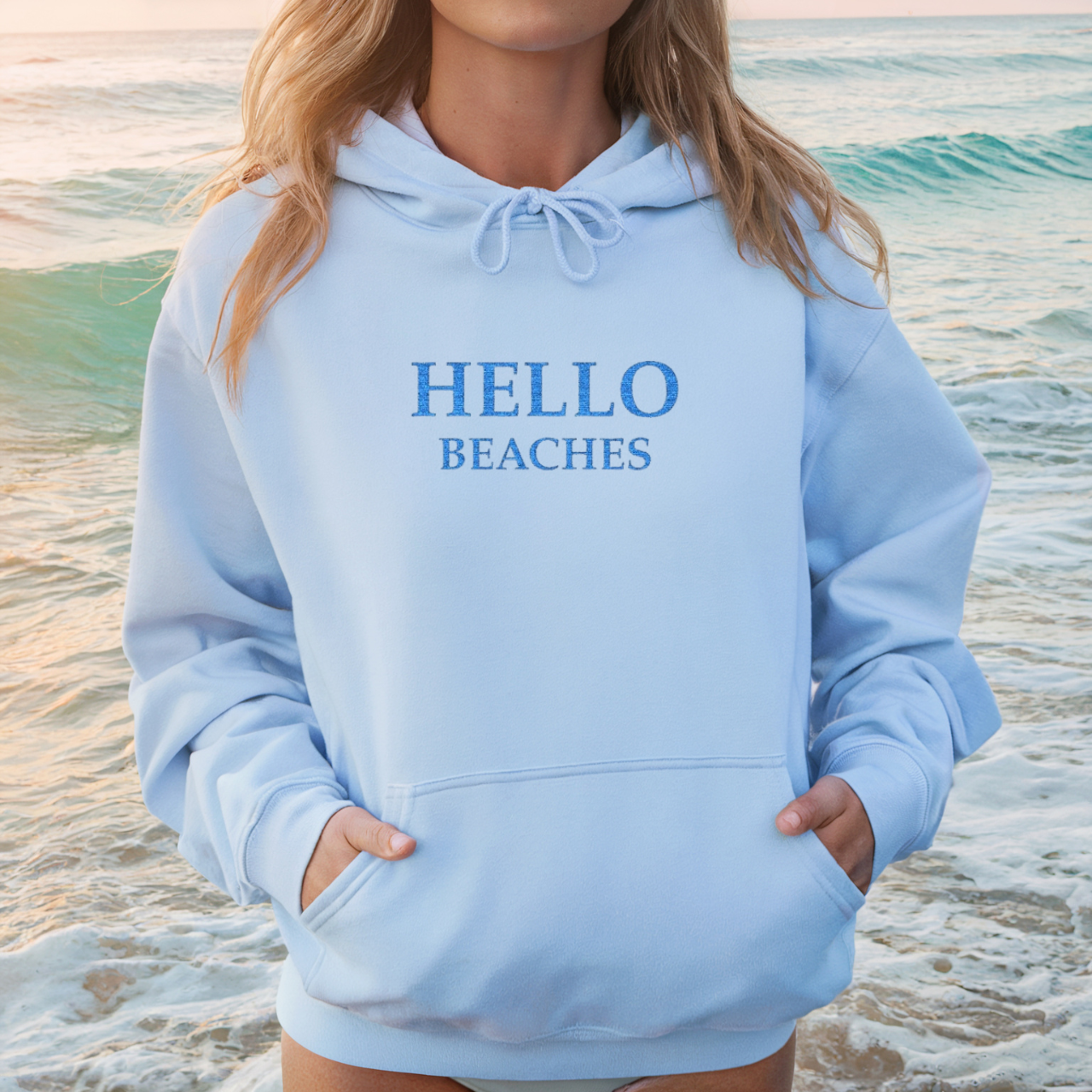 Hello Beaches Embroidered Sweatshirt | Beach Lover Crewneck | Coastal Aesthetic Sweatshirt | Beach Vibes Pullover | Summer Vacation Hoodie product thumbnail image