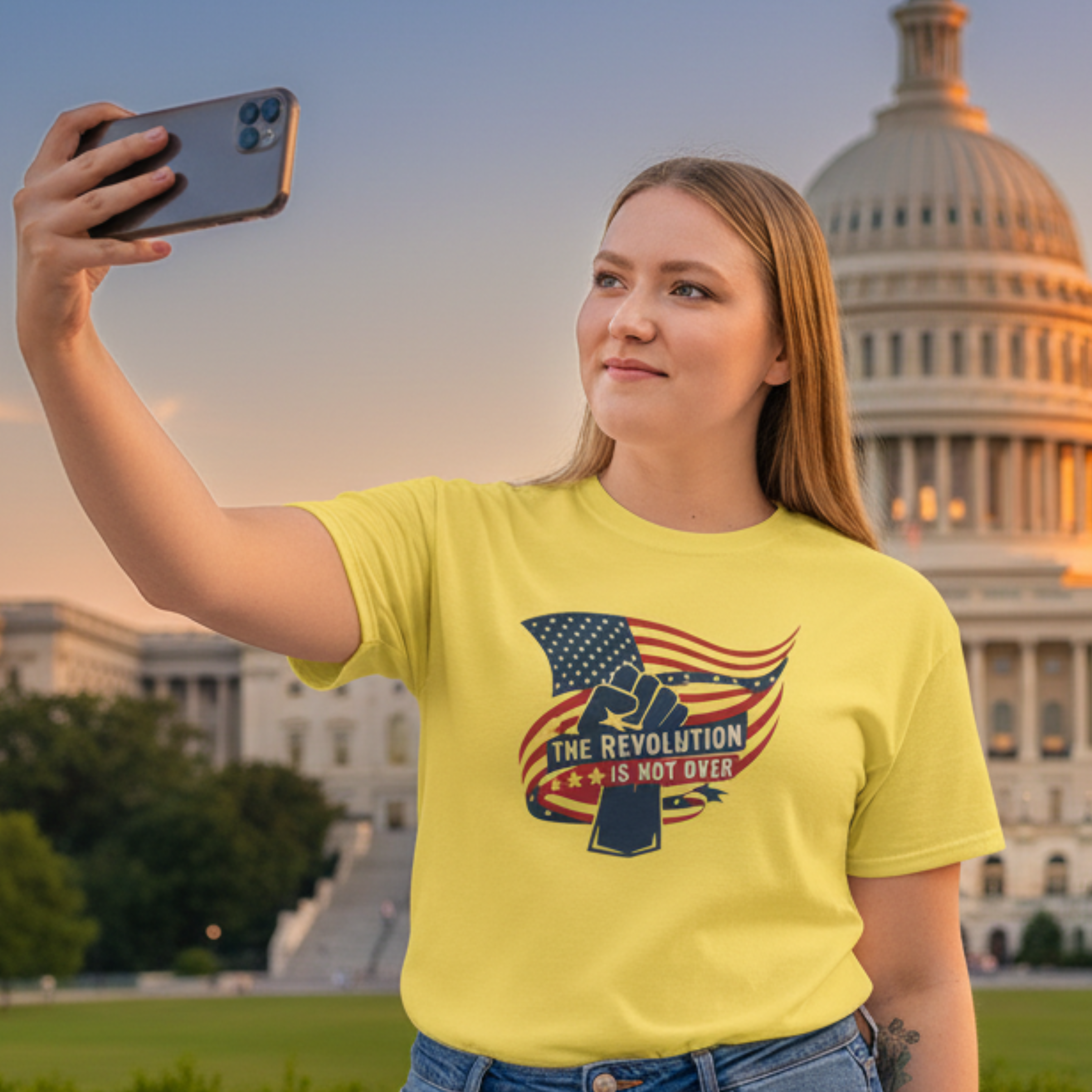 The Revolution Is Not Over Yet Protest Tee - USA Wrapped Flag Graphic
