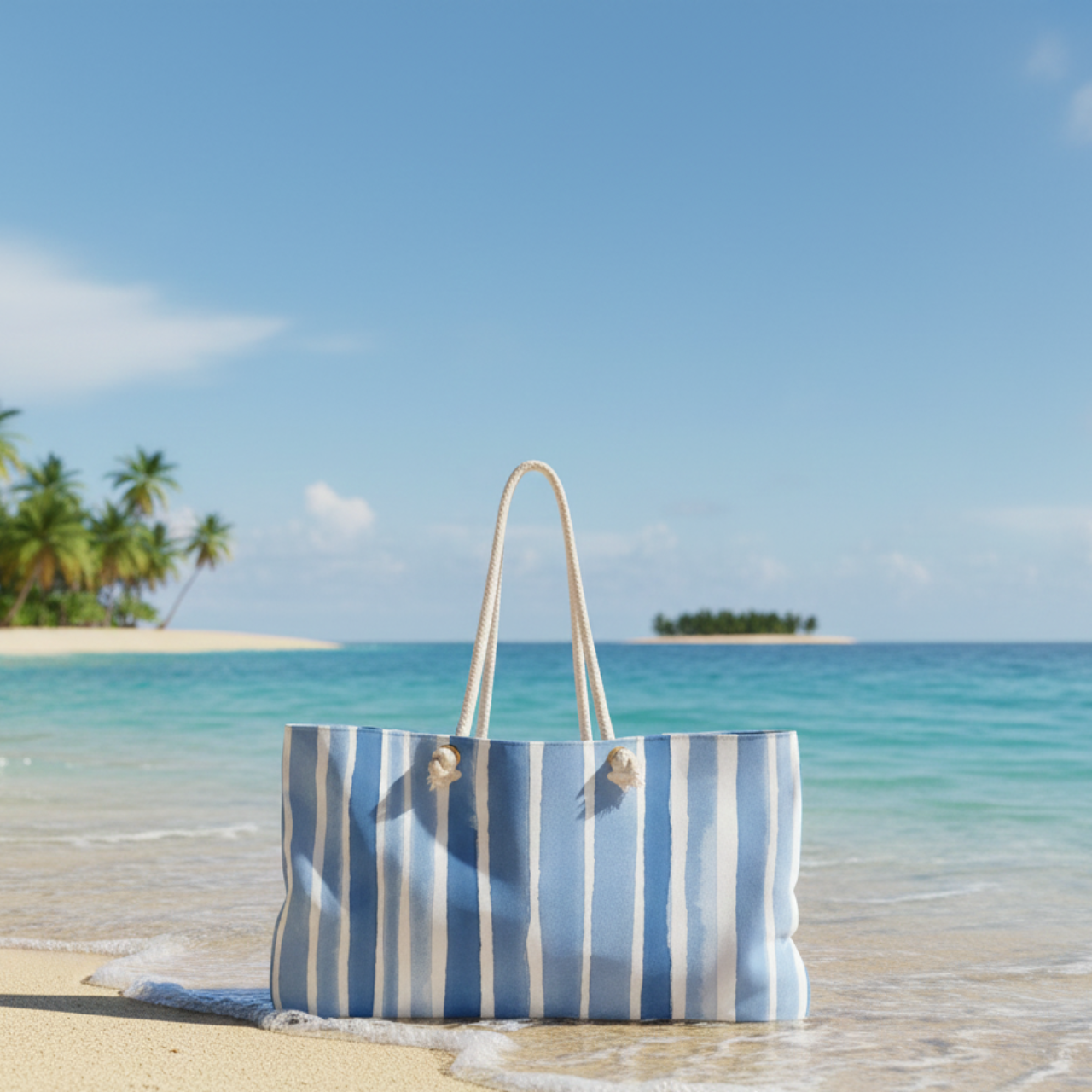 Hello Beaches Tote Bag I Blue & White Striped Beach Bag with Rope Handles, Coastal Weekender Tote, Summer Vacation Carry On, Pool Boat Bag product thumbnail image Hello Beaches Tote Bag I Blue & White Striped Beach Bag with Rope Handles, Coastal Weekender Tote, Summer Vacation Carry On, Pool Boat Bag product thumbnail image