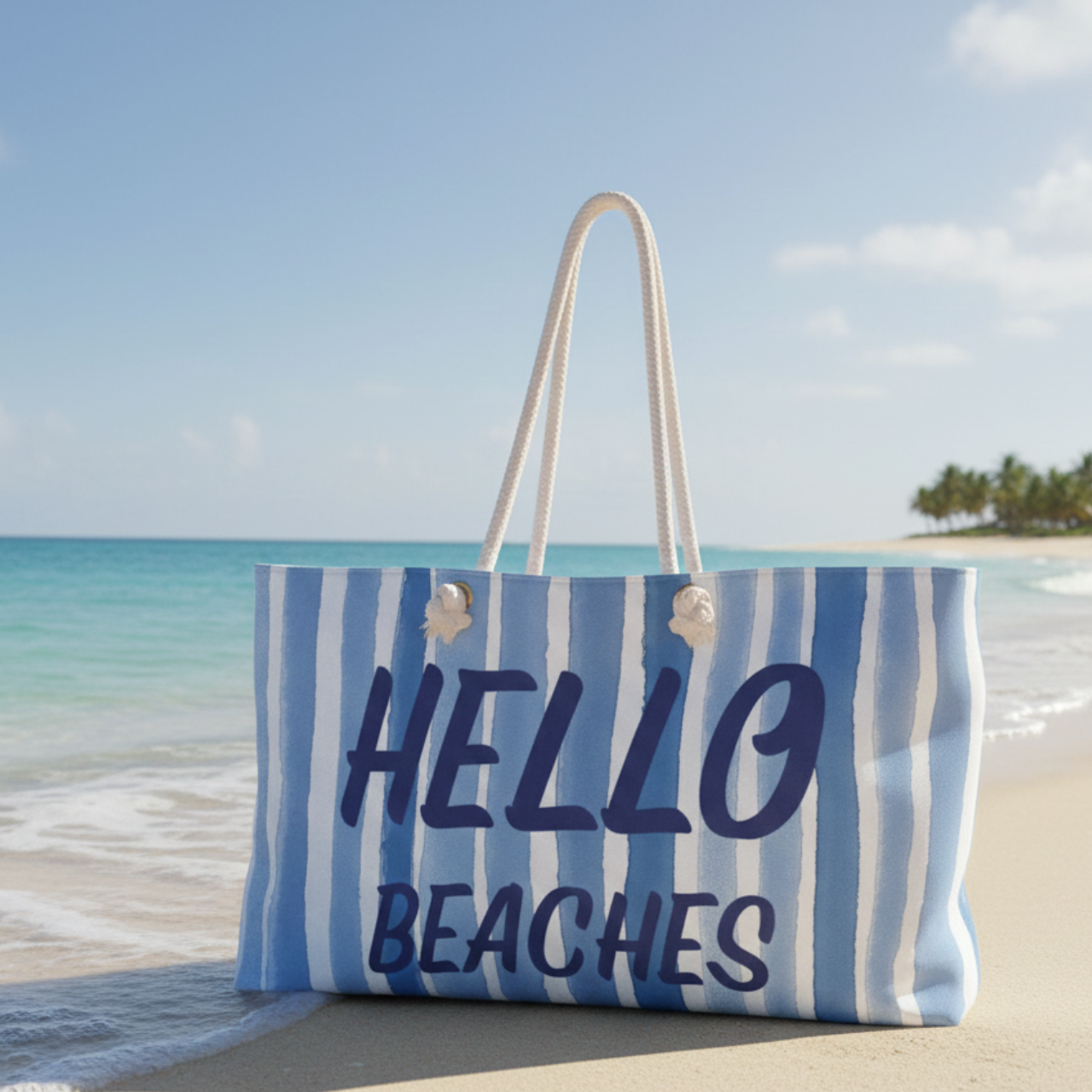 Hello Beaches Tote Bag I Blue & White Striped Beach Bag with Rope Handles, Coastal Weekender Tote, Summer Vacation Carry On, Pool Boat Bag product thumbnail image Hello Beaches Tote Bag I Blue & White Striped Beach Bag with Rope Handles, Coastal Weekender Tote, Summer Vacation Carry On, Pool Boat Bag product thumbnail image