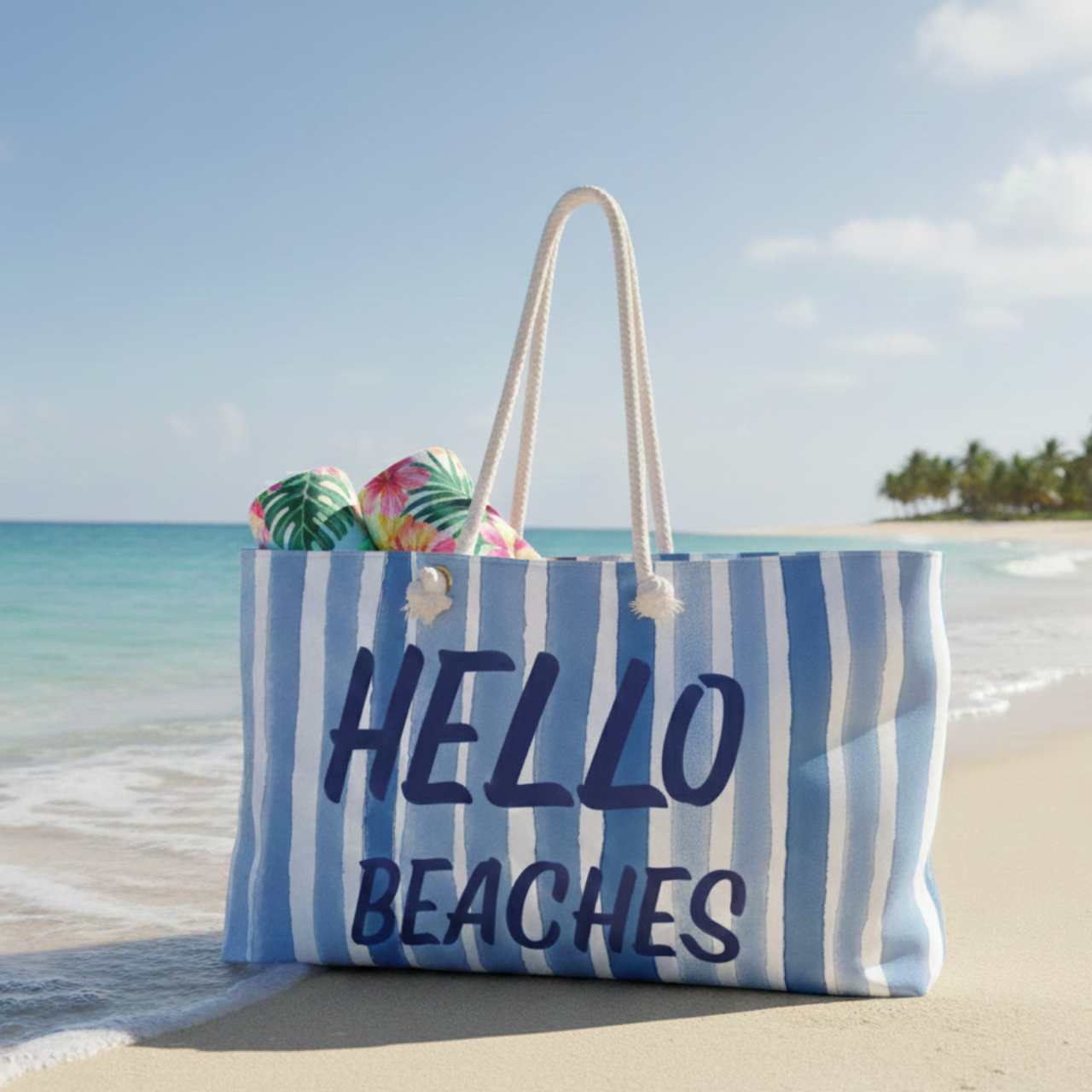 Hello Beaches Tote Bag I Blue &amp; White Striped Beach Bag with Rope Handles, Coastal Weekender Tote, Summer Vacation Carry On, Pool Boat Bag product thumbnail image