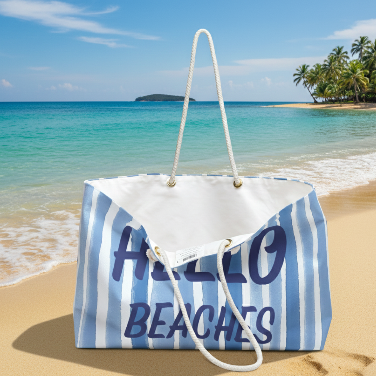 Hello Beaches Tote Bag I Blue & White Striped Beach Bag with Rope Handles, Coastal Weekender Tote, Summer Vacation Carry On, Pool Boat Bag product thumbnail image Hello Beaches Tote Bag I Blue & White Striped Beach Bag with Rope Handles, Coastal Weekender Tote, Summer Vacation Carry On, Pool Boat Bag product thumbnail image