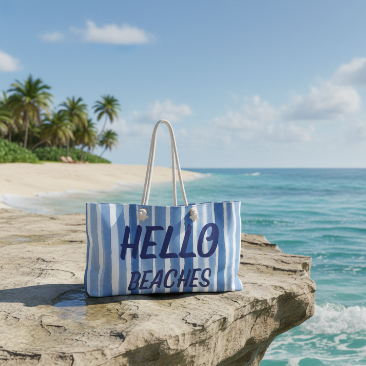 Hello Beaches Tote Bag I Blue & White Striped Beach Bag with Rope Handles, Coastal Weekender Tote, Summer Vacation Carry On, Pool Boat Bag product thumbnail image Hello Beaches Tote Bag I Blue & White Striped Beach Bag with Rope Handles, Coastal Weekender Tote, Summer Vacation Carry On, Pool Boat Bag product thumbnail image