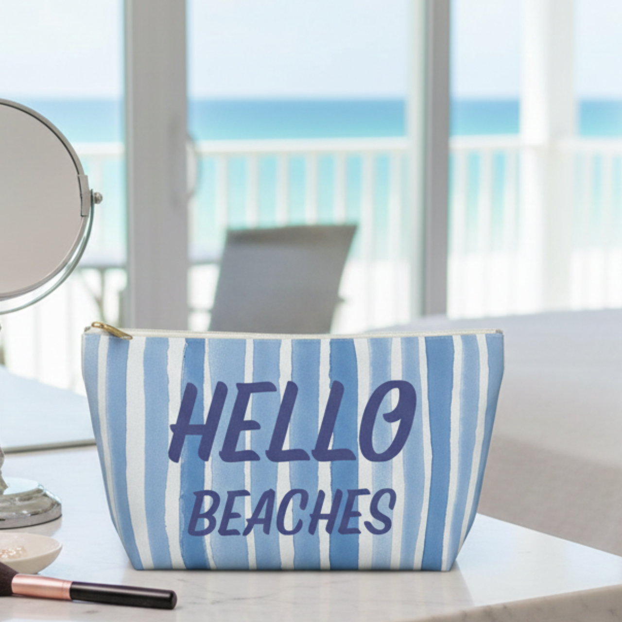 Hello Beaches Makeup Bag I Blue Stripe Coastal Cosmetic Pouch, Beach Lover Gift, Travel Toiletry Bag, Summer Accessory product thumbnail image Hello Beaches Makeup Bag I Blue Stripe Coastal Cosmetic Pouch, Beach Lover Gift, Travel Toiletry Bag, Summer Accessory product thumbnail image