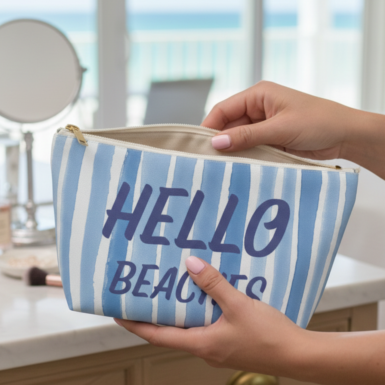 Hello Beaches Makeup Bag I Blue Stripe Coastal Cosmetic Pouch, Beach Lover Gift, Travel Toiletry Bag, Summer Accessory product thumbnail image