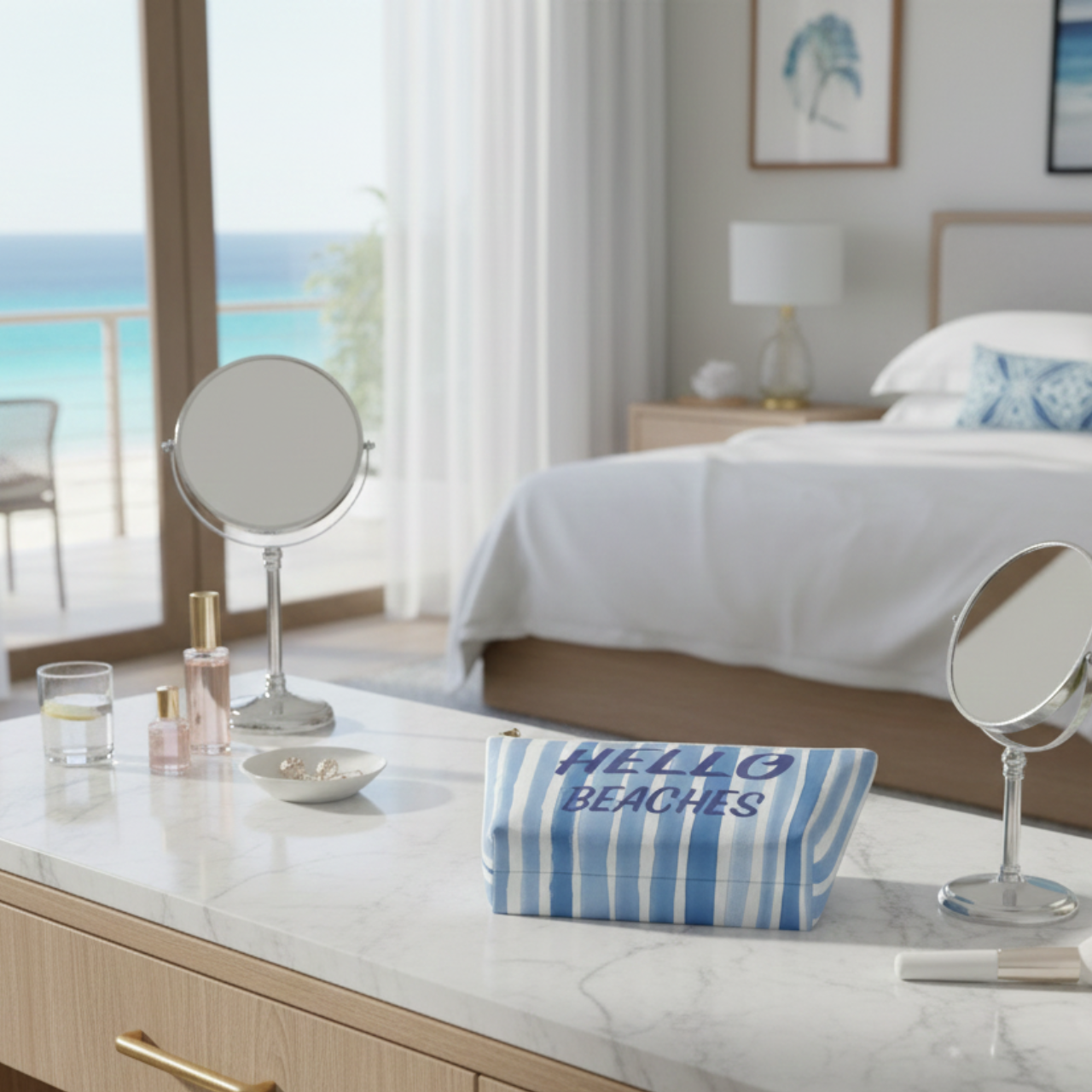 Hello Beaches Makeup Bag I Blue Stripe Coastal Cosmetic Pouch, Beach Lover Gift, Travel Toiletry Bag, Summer Accessory product thumbnail image